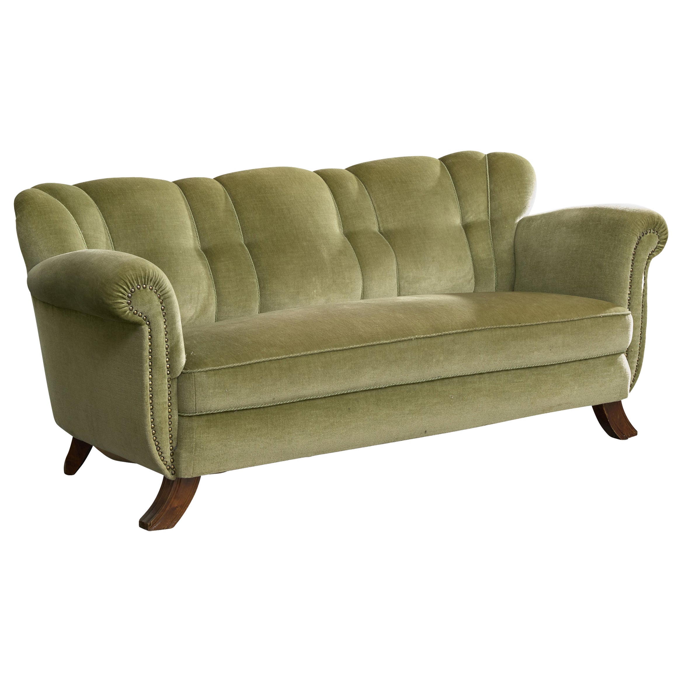 Swedish Designer, Sofa, Velvet, Wood, Sweden, 1940s