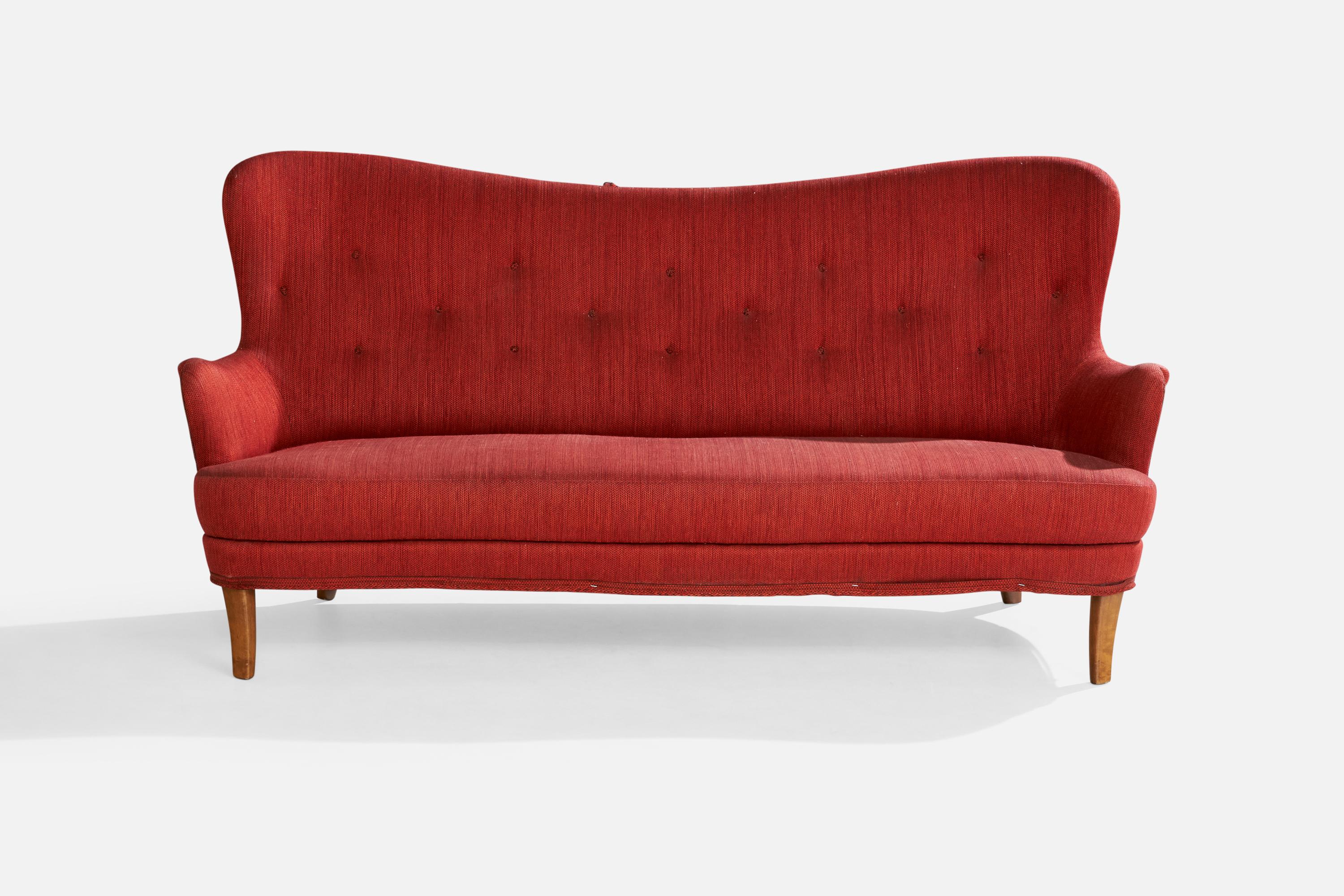 Scandinave moderne Designer suédois, canapé, bois, tissu, Suède, années 1940 en vente