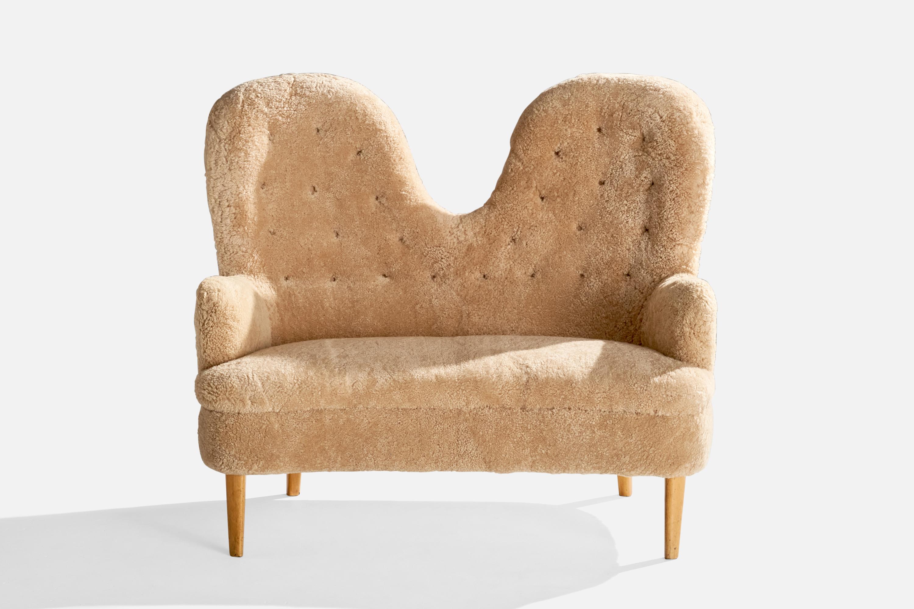 Scandinavian Modern Swedish Designer, Sofa, Wood, Shearling, Sweden, 1940s For Sale