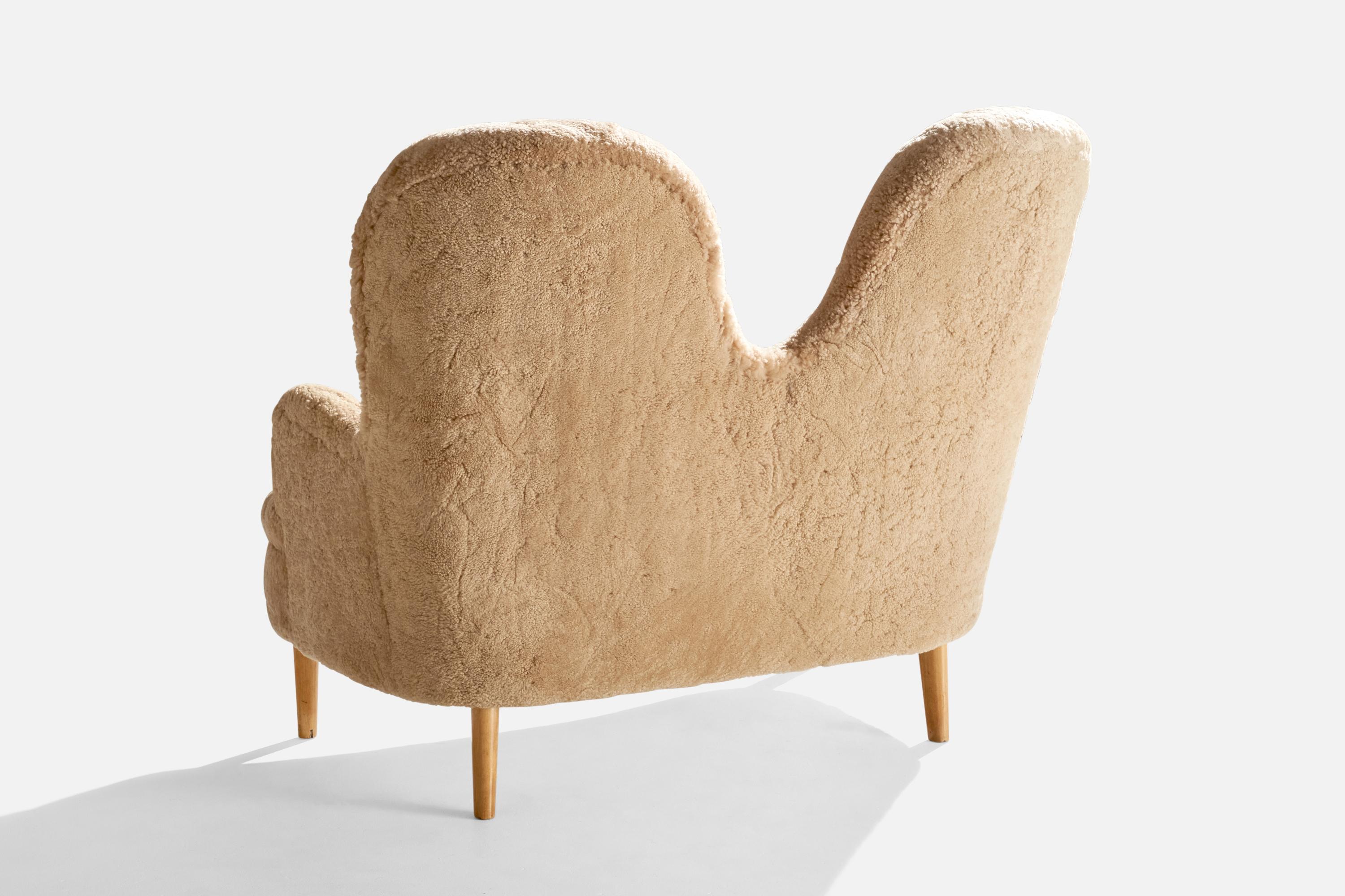Swedish Designer, Sofa, Wood, Shearling, Sweden, 1940s In Good Condition For Sale In High Point, NC