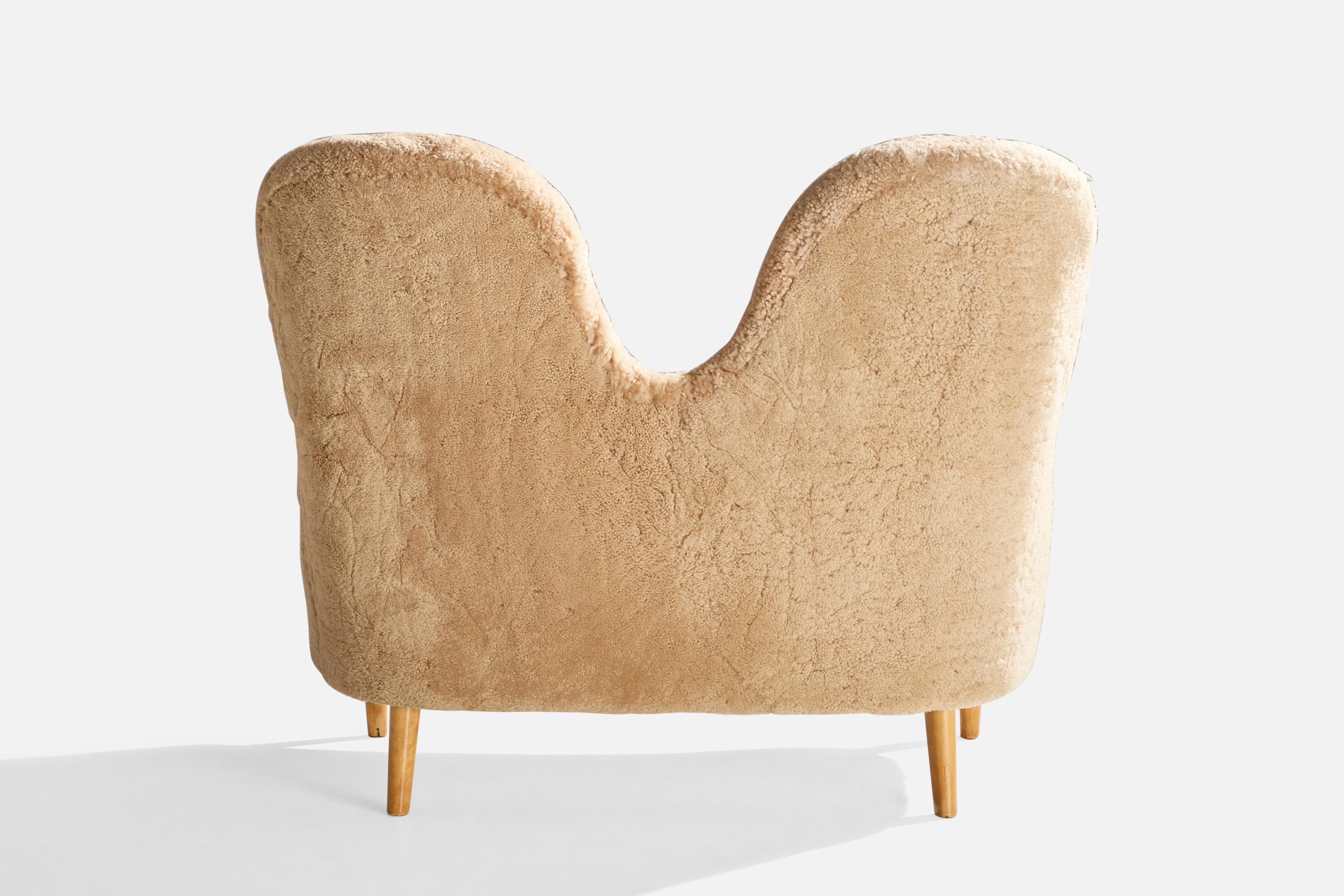Mid-20th Century Swedish Designer, Sofa, Wood, Shearling, Sweden, 1940s For Sale