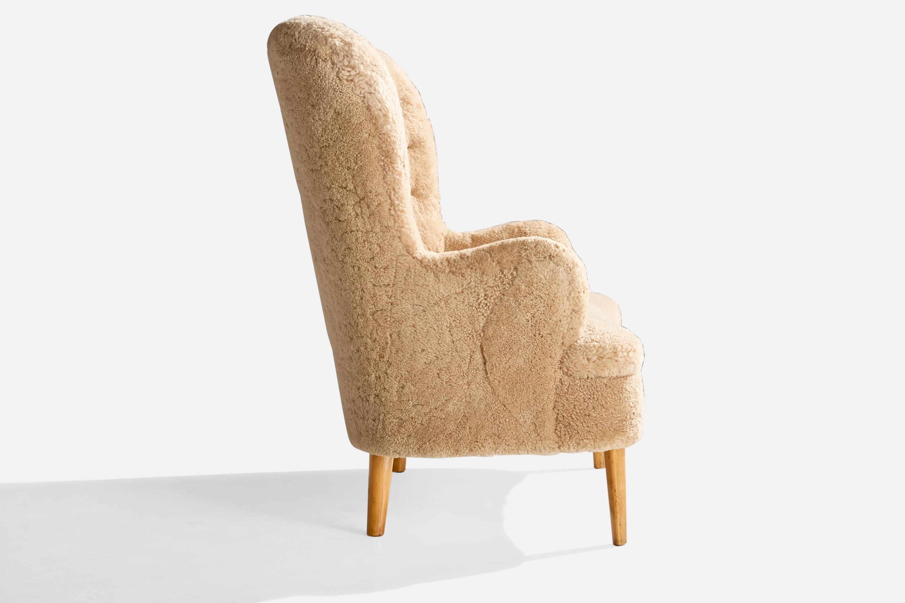 Sheepskin Swedish Designer, Sofa, Wood, Shearling, Sweden, 1940s For Sale