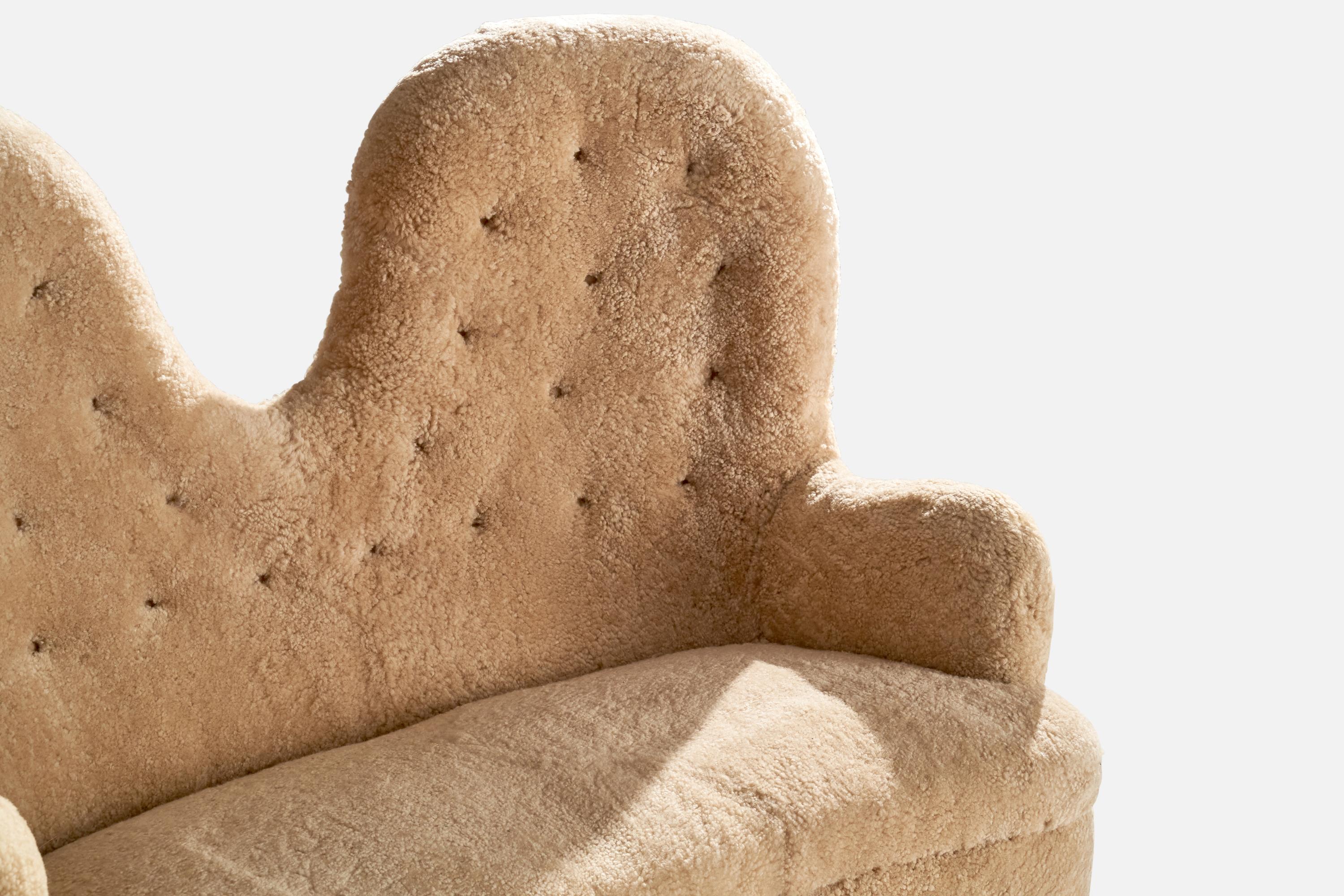 Swedish Designer, Sofa, Wood, Shearling, Sweden, 1940s For Sale 1
