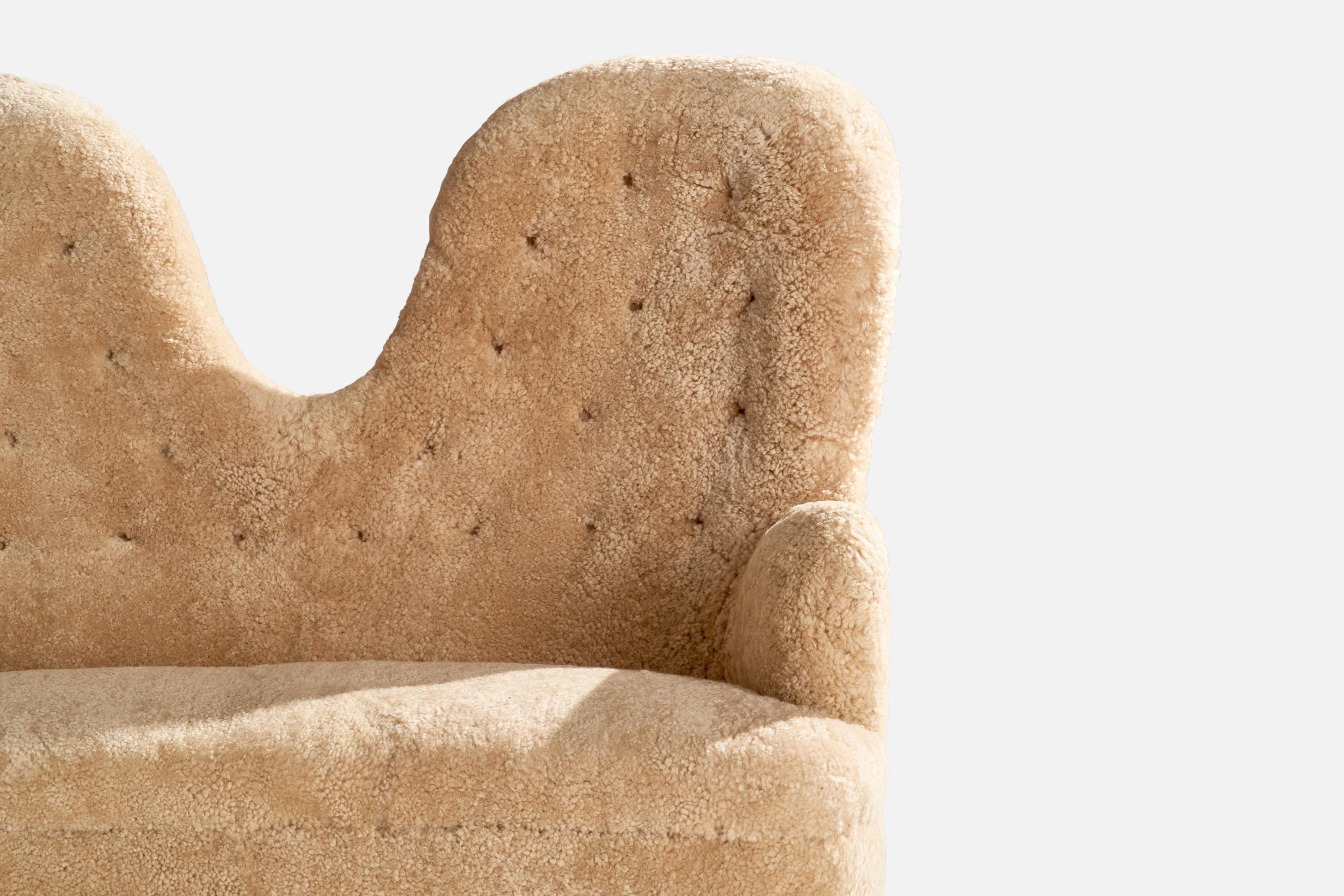 Swedish Designer, Sofa, Wood, Shearling, Sweden, 1940s For Sale 2
