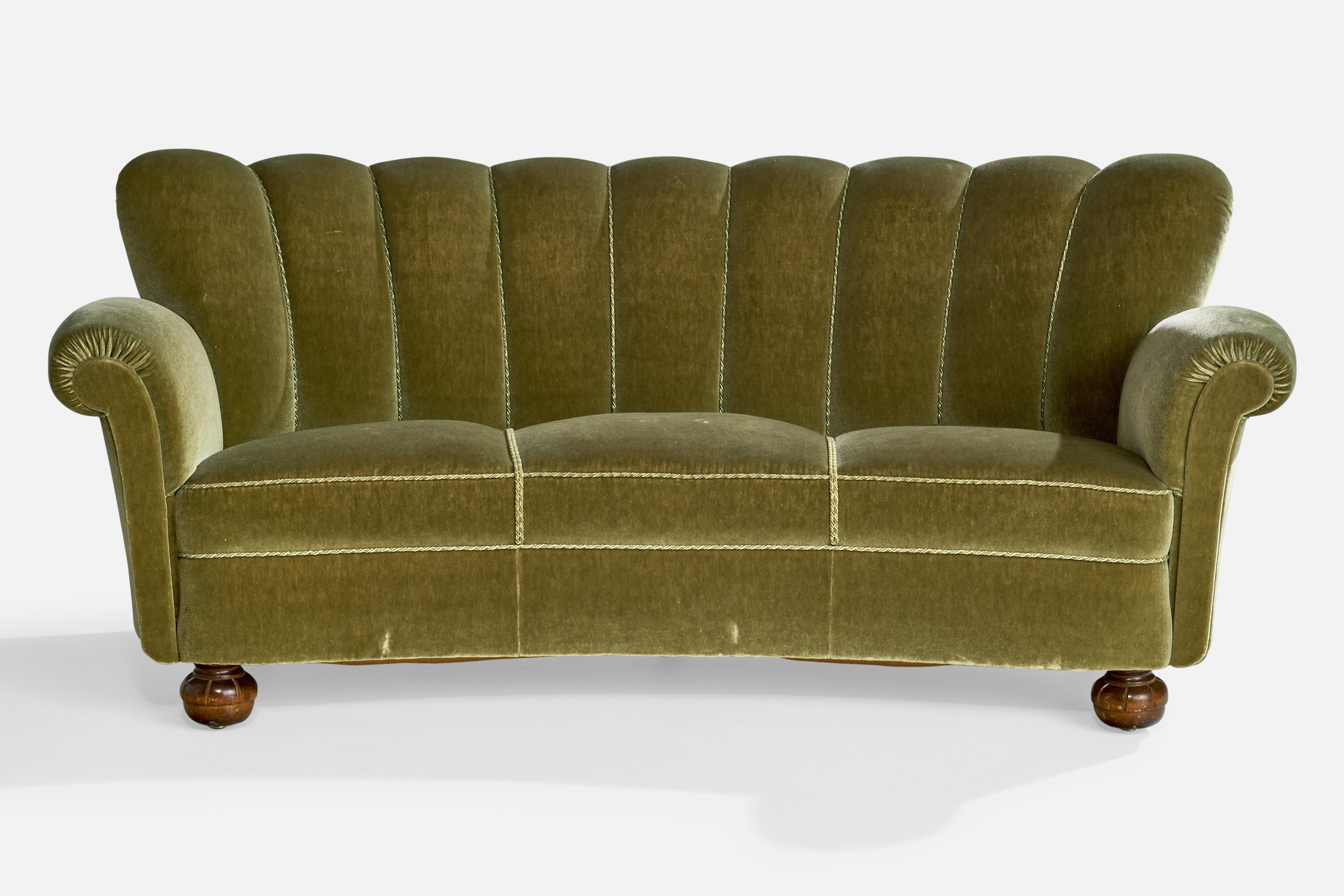 Scandinave moderne Sofa suédois, bois, velours, Suède, années 1930 en vente