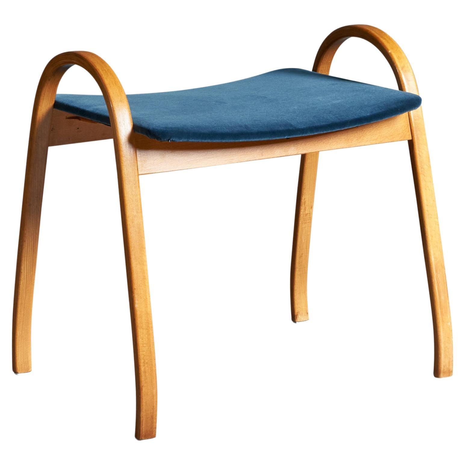 Schwedischer Designer, Hocker, Bugholz, Samt, Schweden, 1950er Jahre