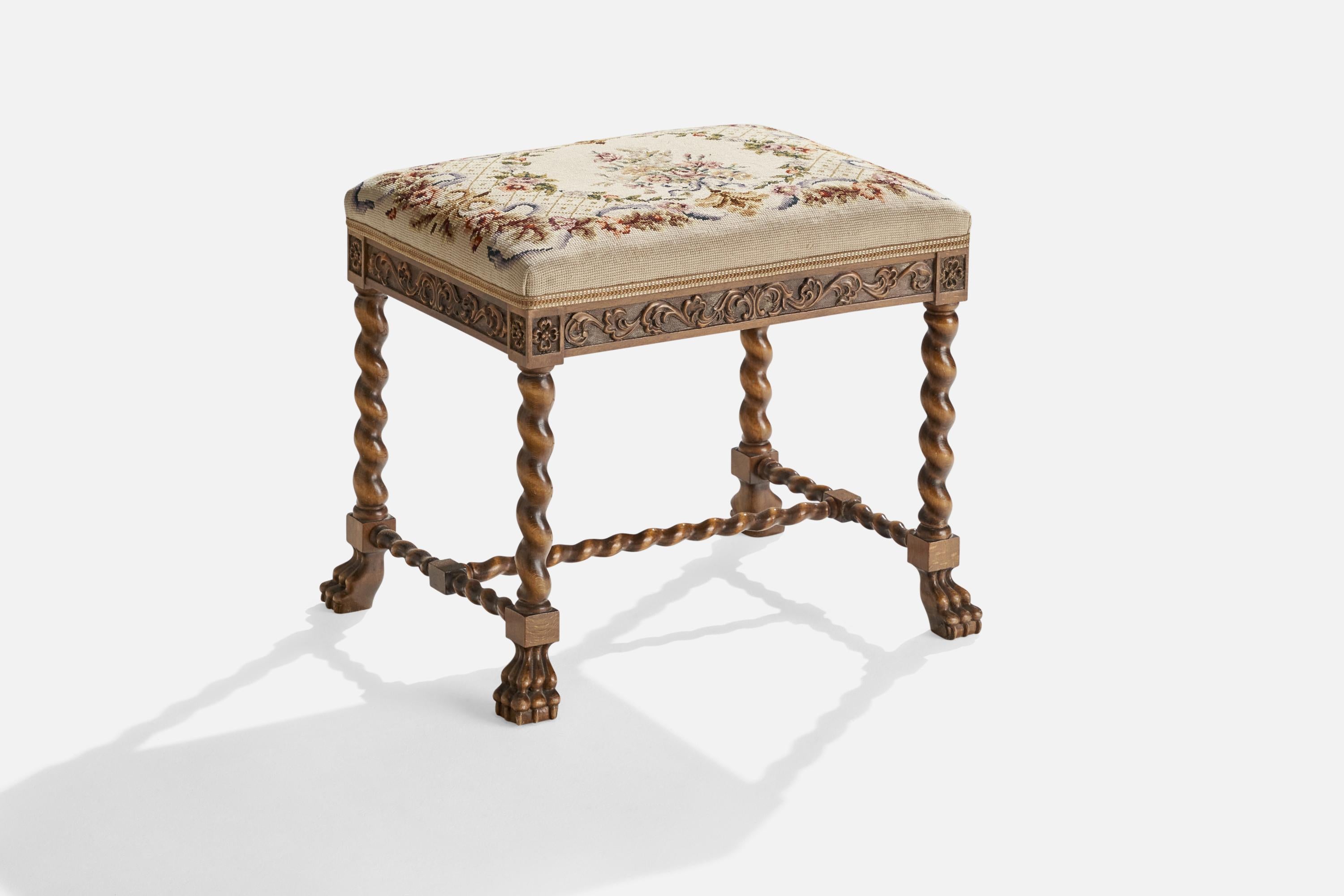 A birch and floral motif hand-embroidered fabric stool designed and produced in Sweden, c. 1920s.

Seat height 18”