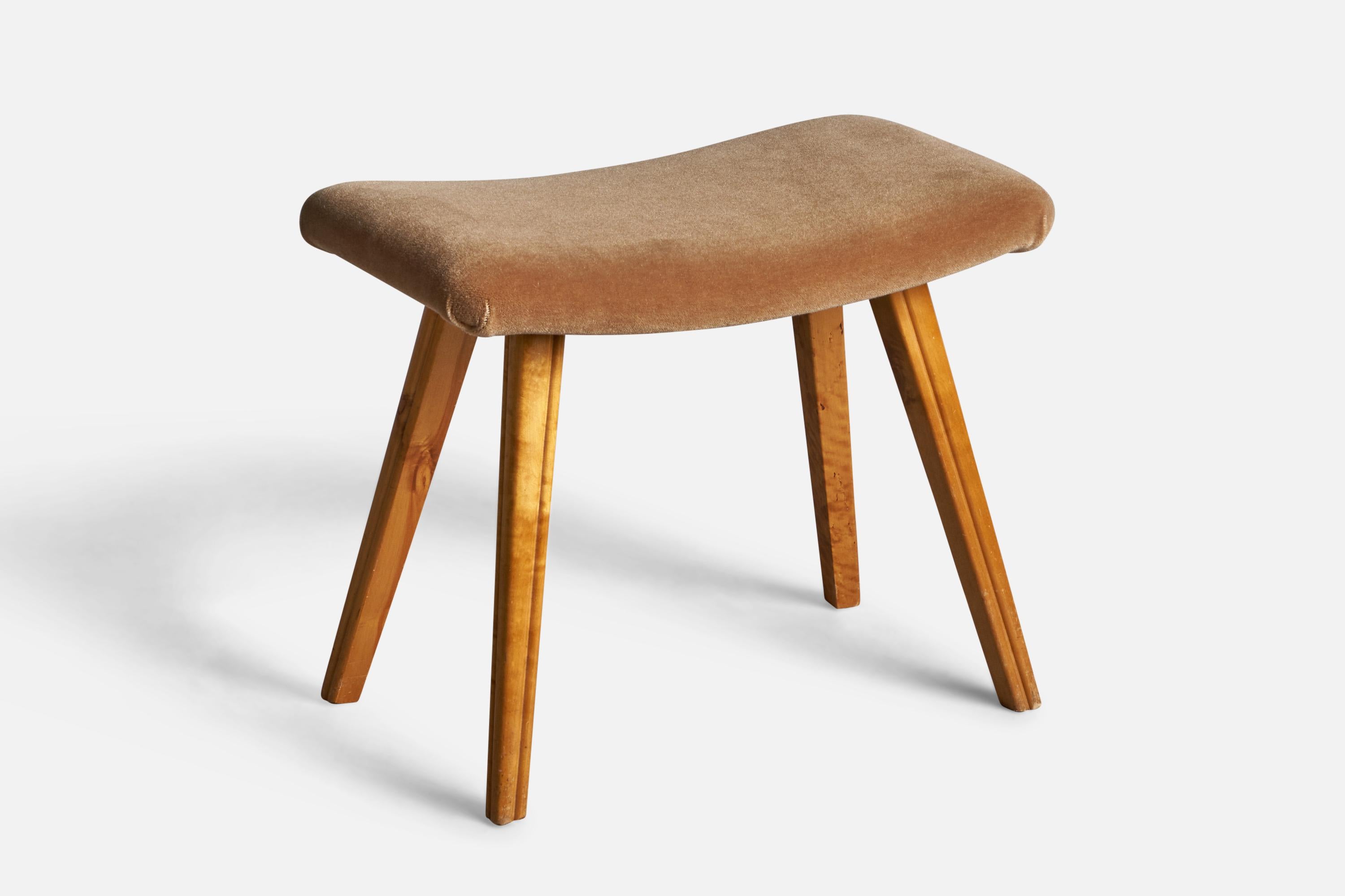 A birch and beige mohair stool, designed and produced in Sweden, 1940s.
