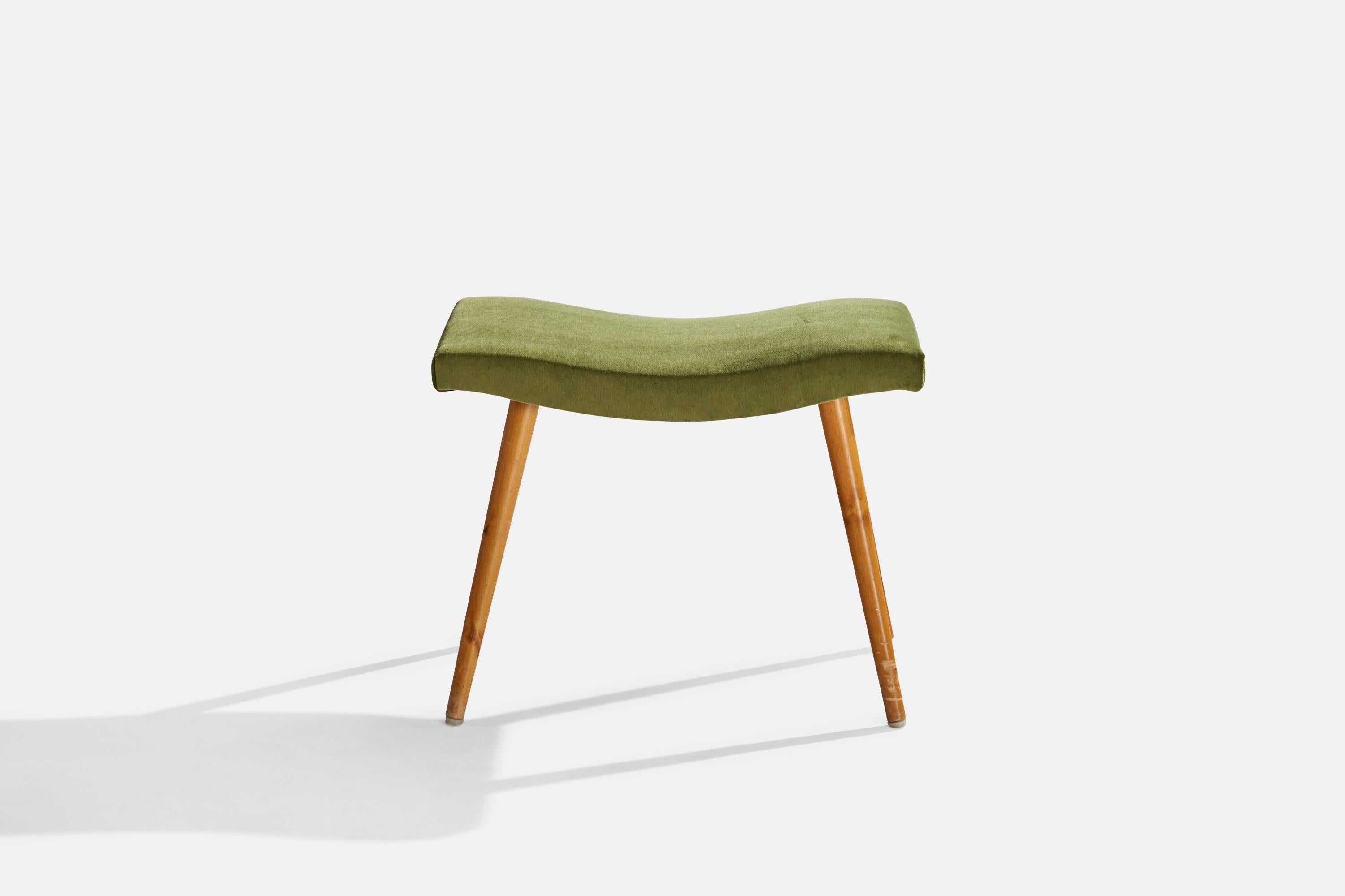 Scandinavian Modern Swedish Designer, Stool, Birch, Velvet, Sweden, 1940s For Sale