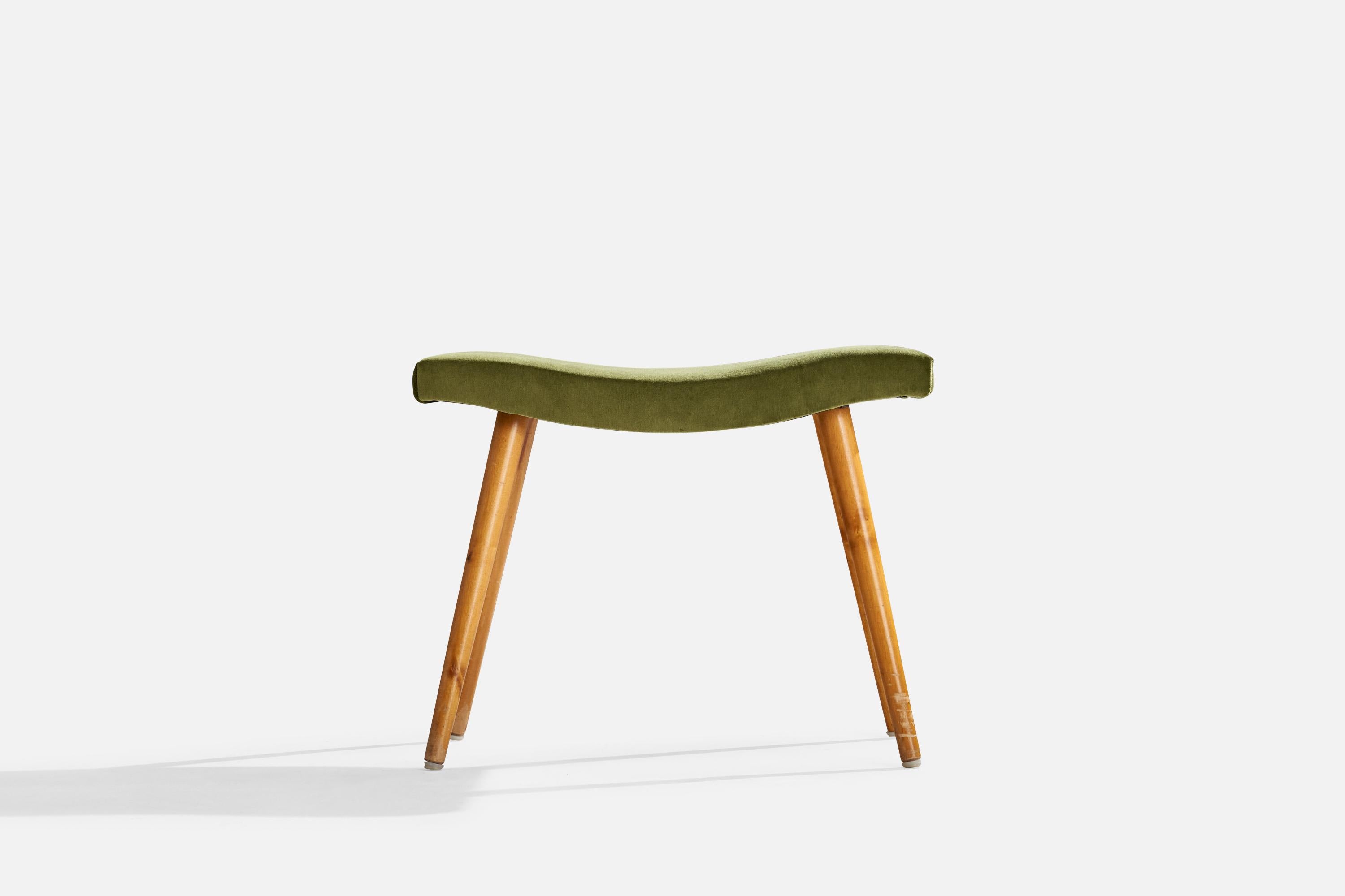 Swedish Designer, Stool, Birch, Velvet, Sweden, 1940s In Good Condition For Sale In High Point, NC