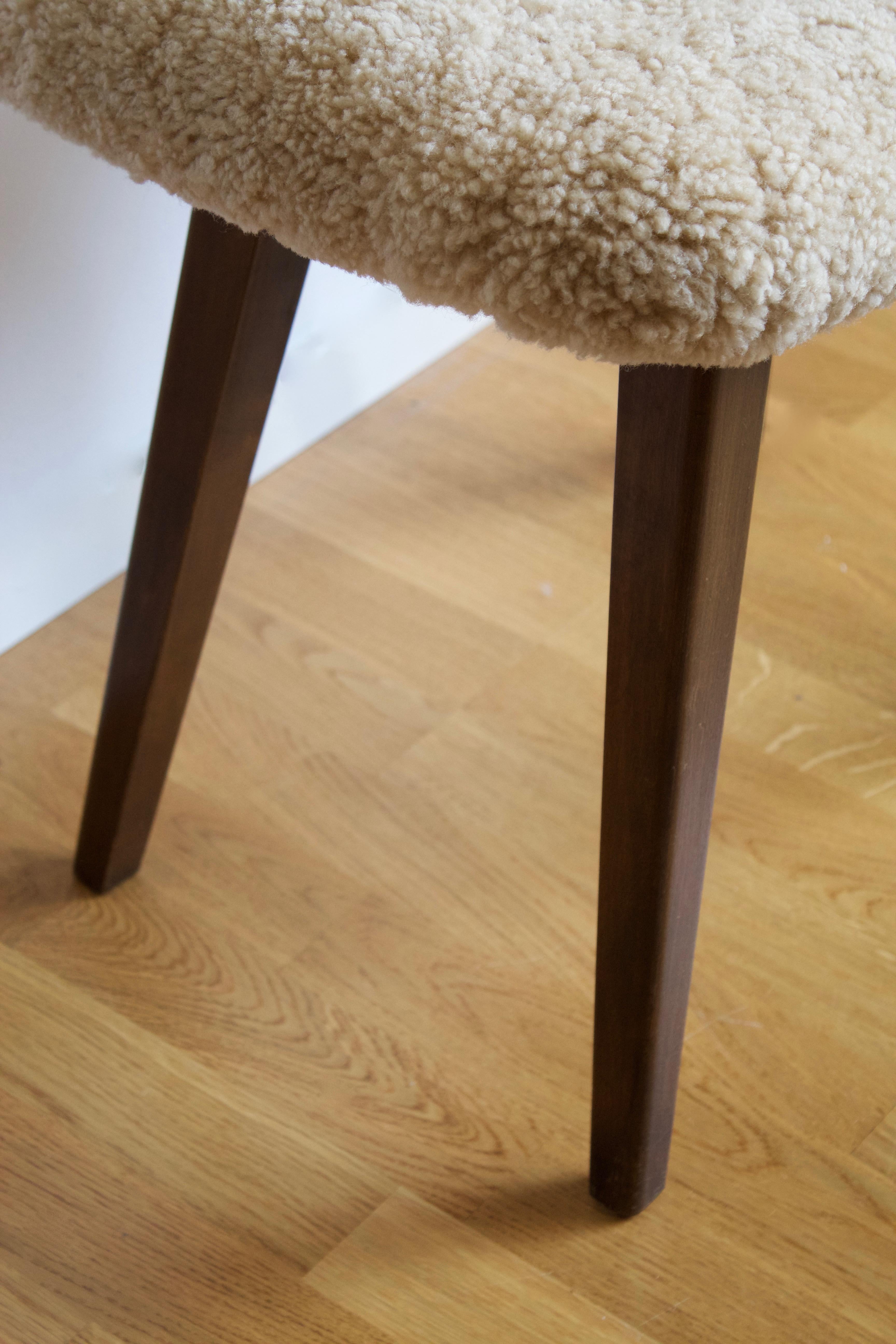 Swedish Designer, Stool, Dark-Stained Wood, Sheepskin, Sweden, 1950s In Good Condition In High Point, NC