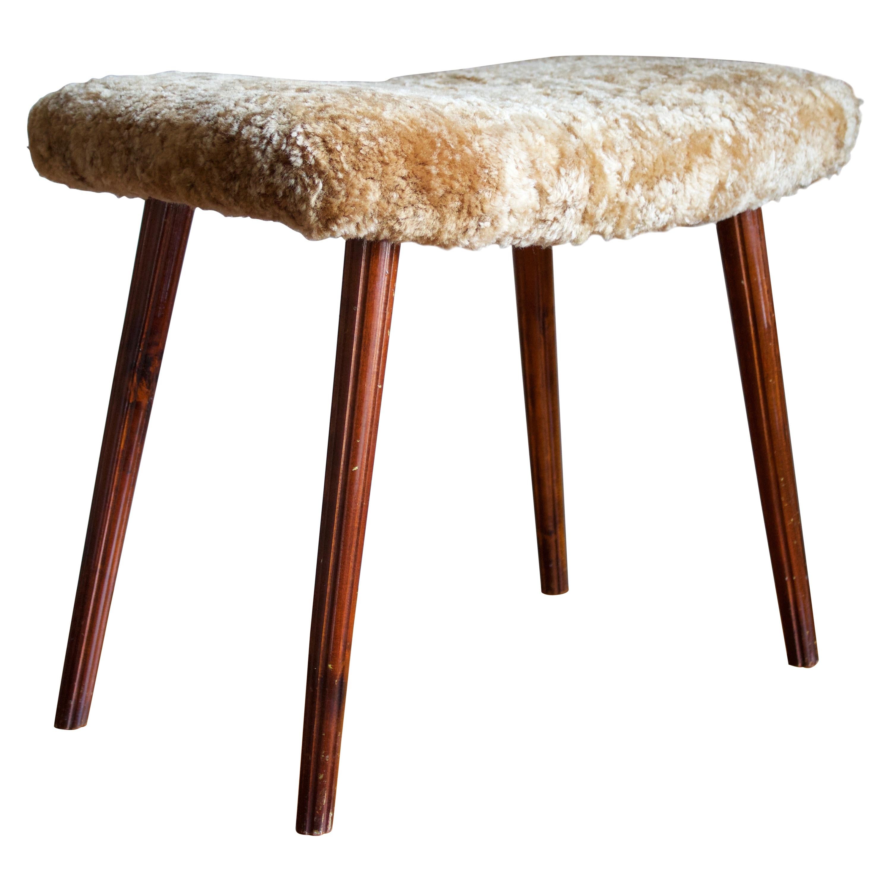 Swedish Designer, Stool, Dark-Stained Wood, Sheepskin, Sweden, 1950s