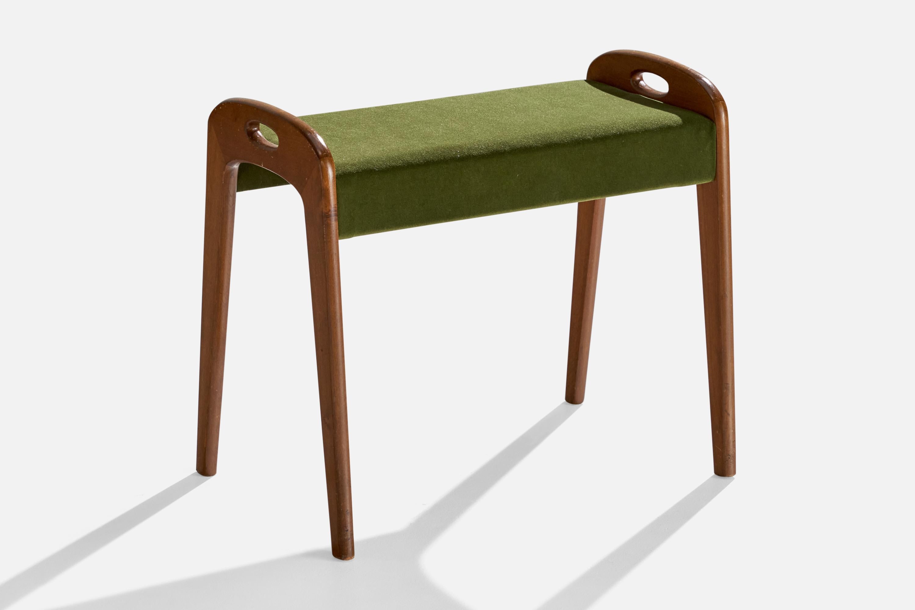 Taburete de caoba y terciopelo verde diseñado y fabricado en Suecia, c. década de 1940.

