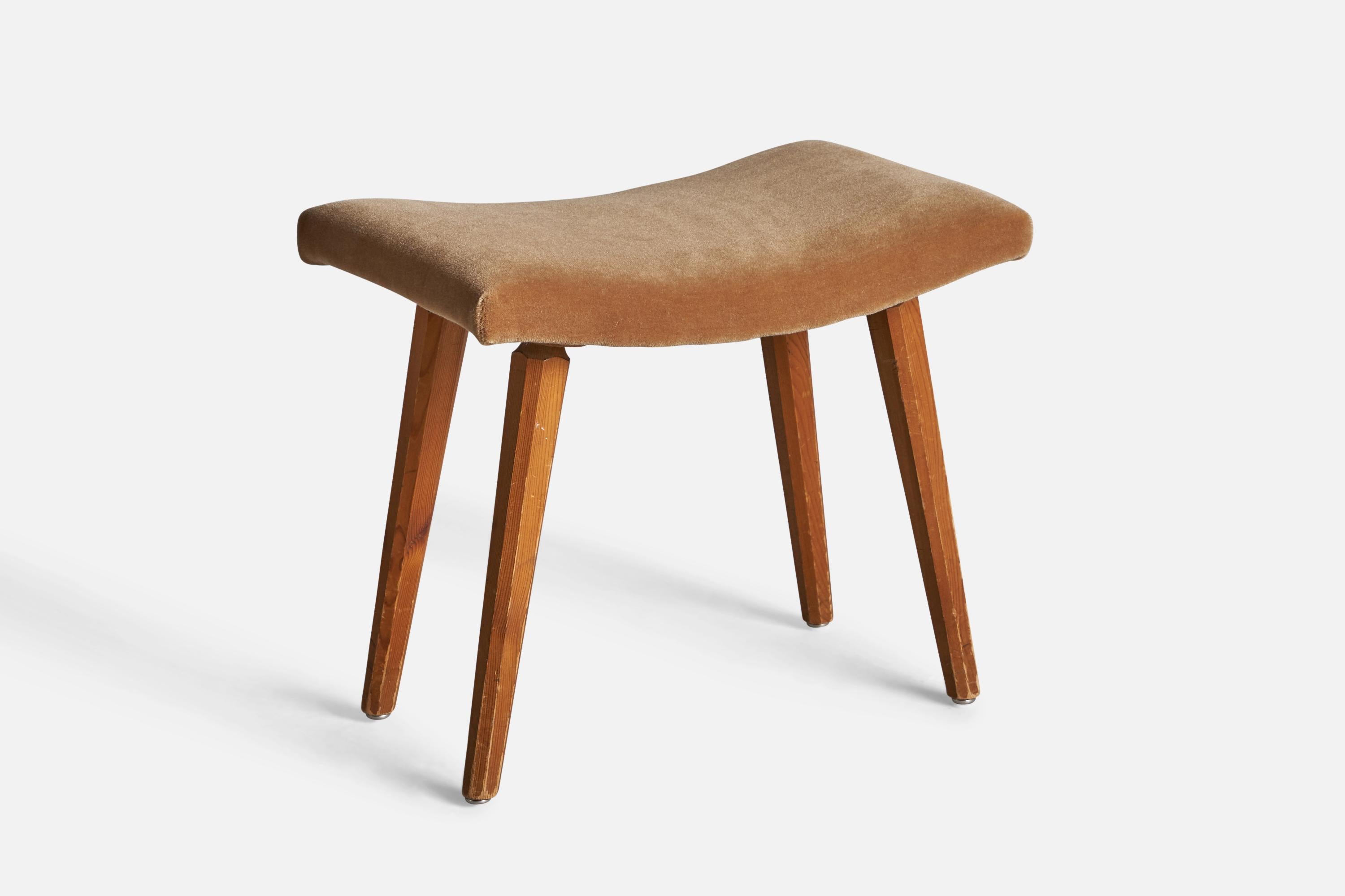 A solid pine and beige mohair stool, designed and produced in Sweden, 1940s.

