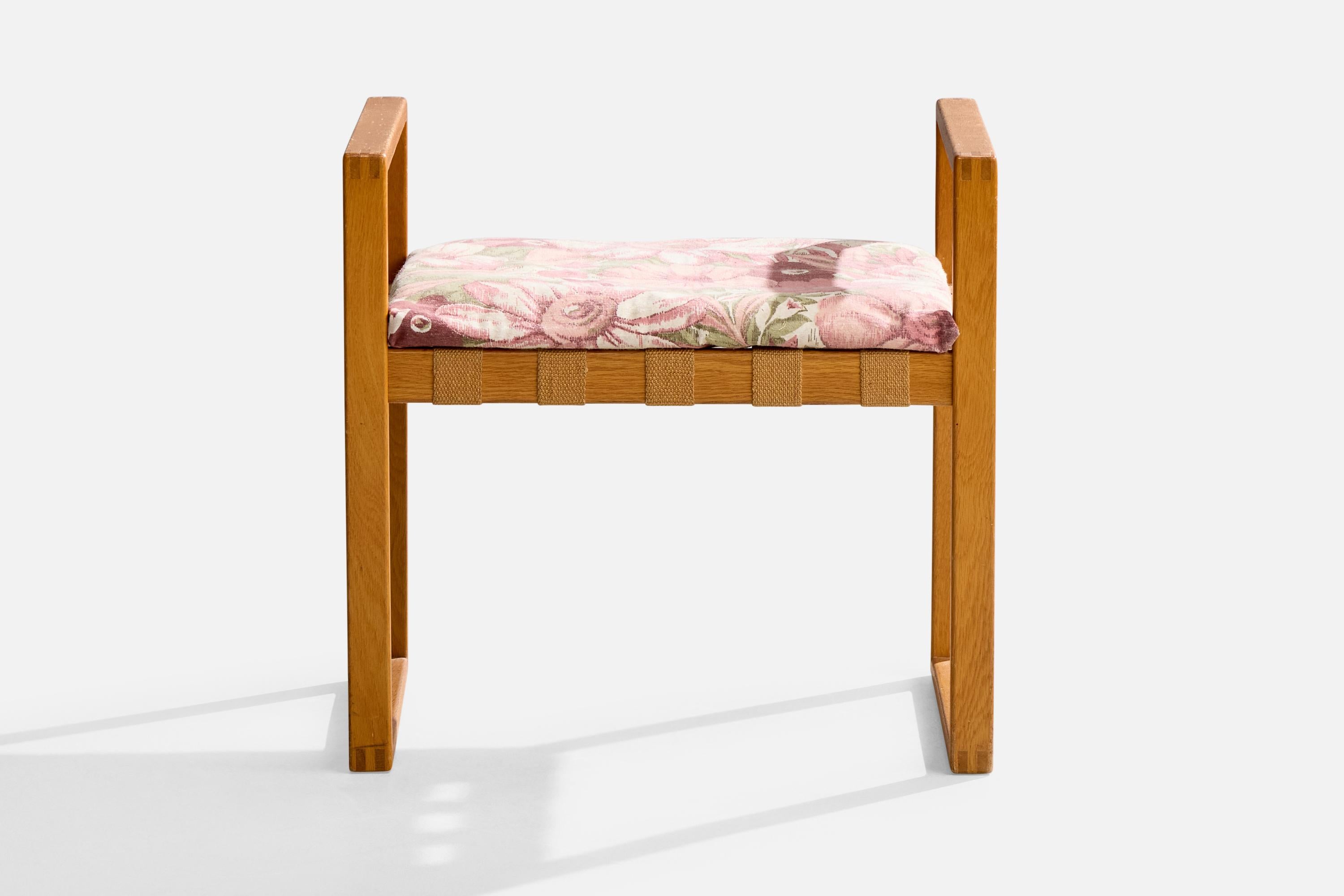 Scandinavian Modern Swedish Designer, Stool, Oak, Fabric, Sweden, 1940s For Sale