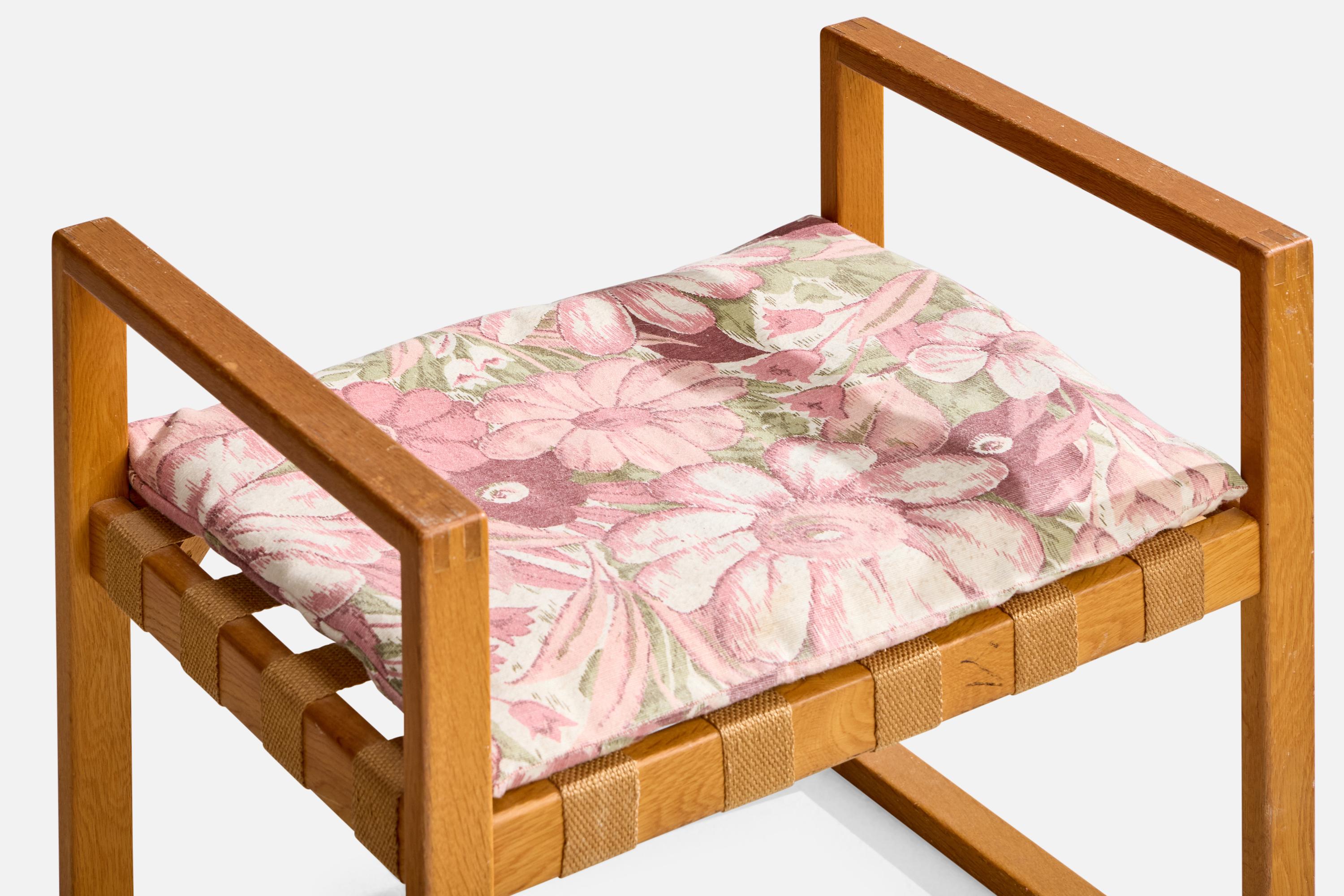 Swedish Designer, Stool, Oak, Fabric, Sweden, 1940s For Sale 1