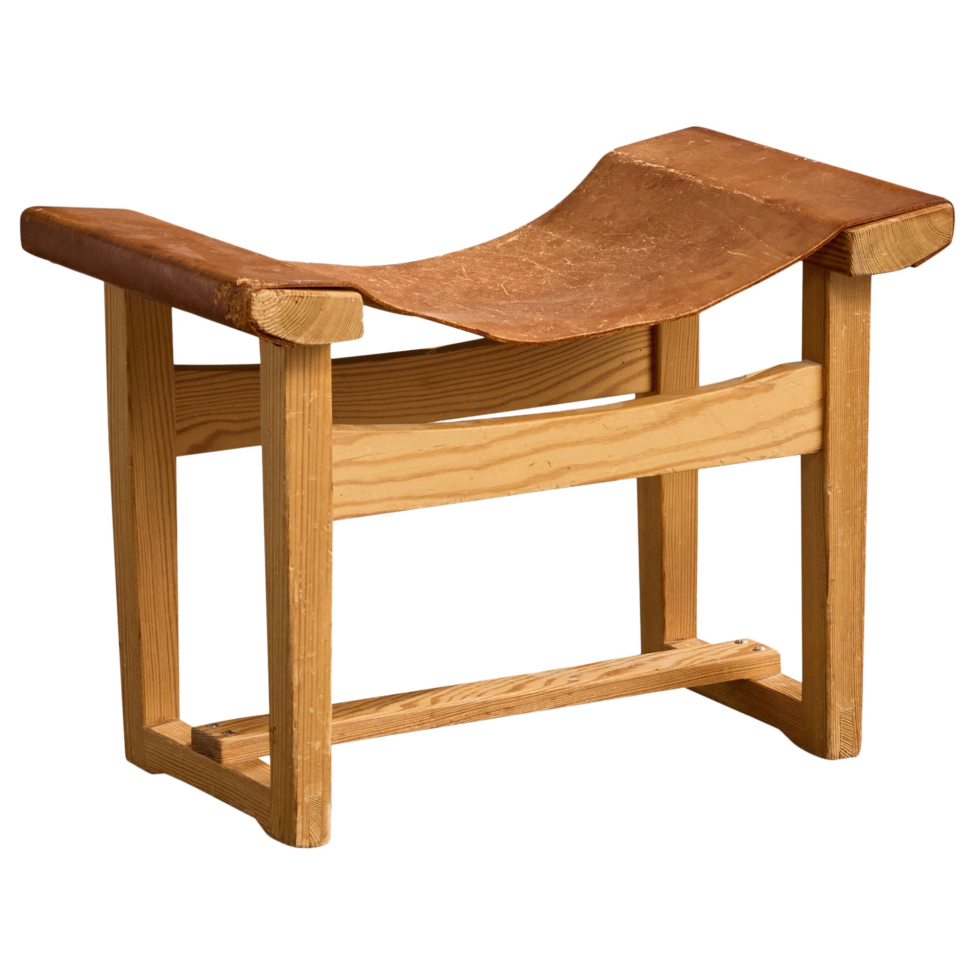 Swedish Designer, Stool, Pine, Leather, Sweden, 1970s