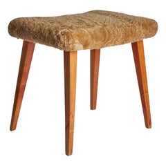 Swedish Designer, Stool, Stained Oak, Beige Sheepskin, Sweden, 1950s