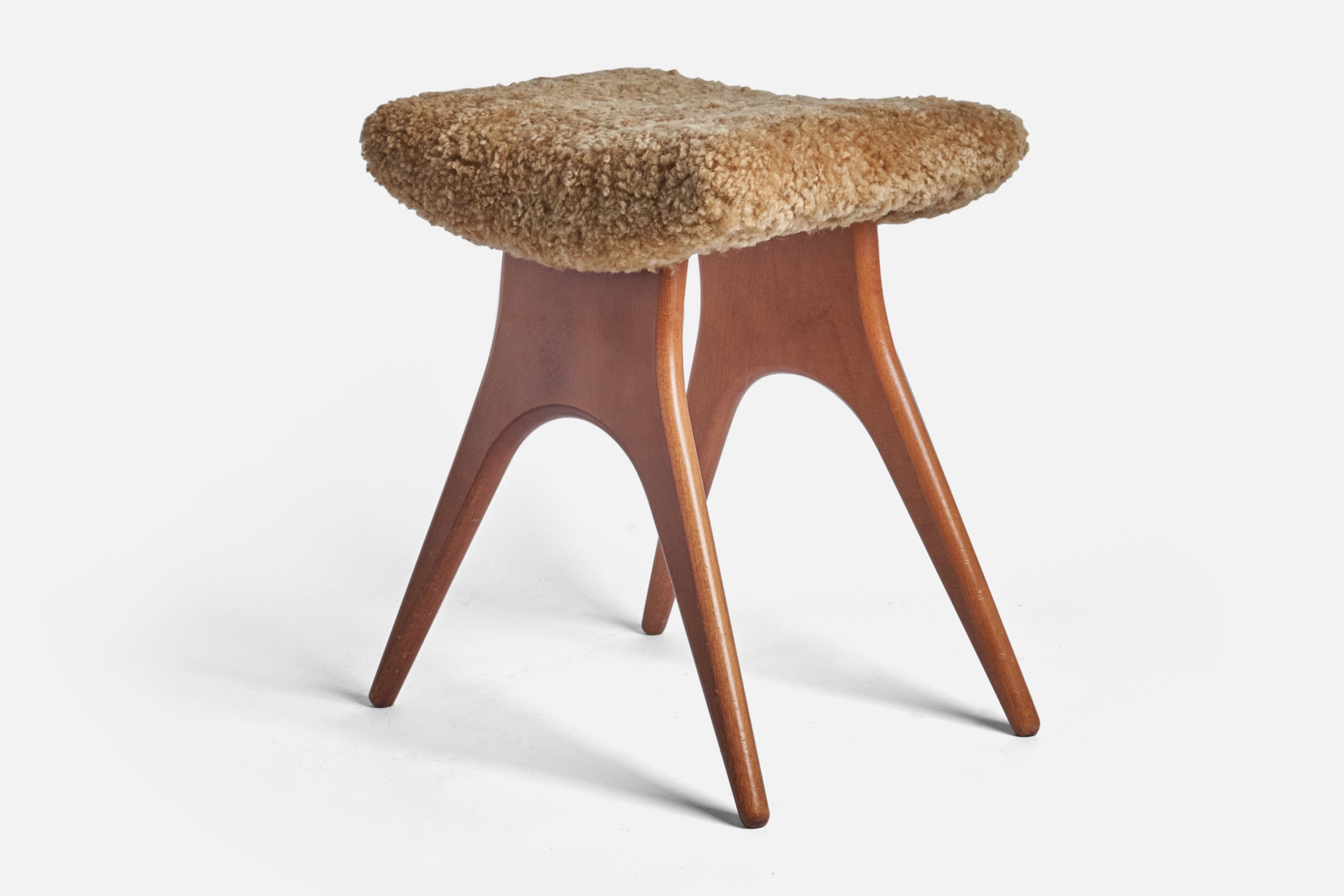 Swedish Designer, Stool, Stained Oak, Beige Sheepskin, Sweden, 1950s For Sale