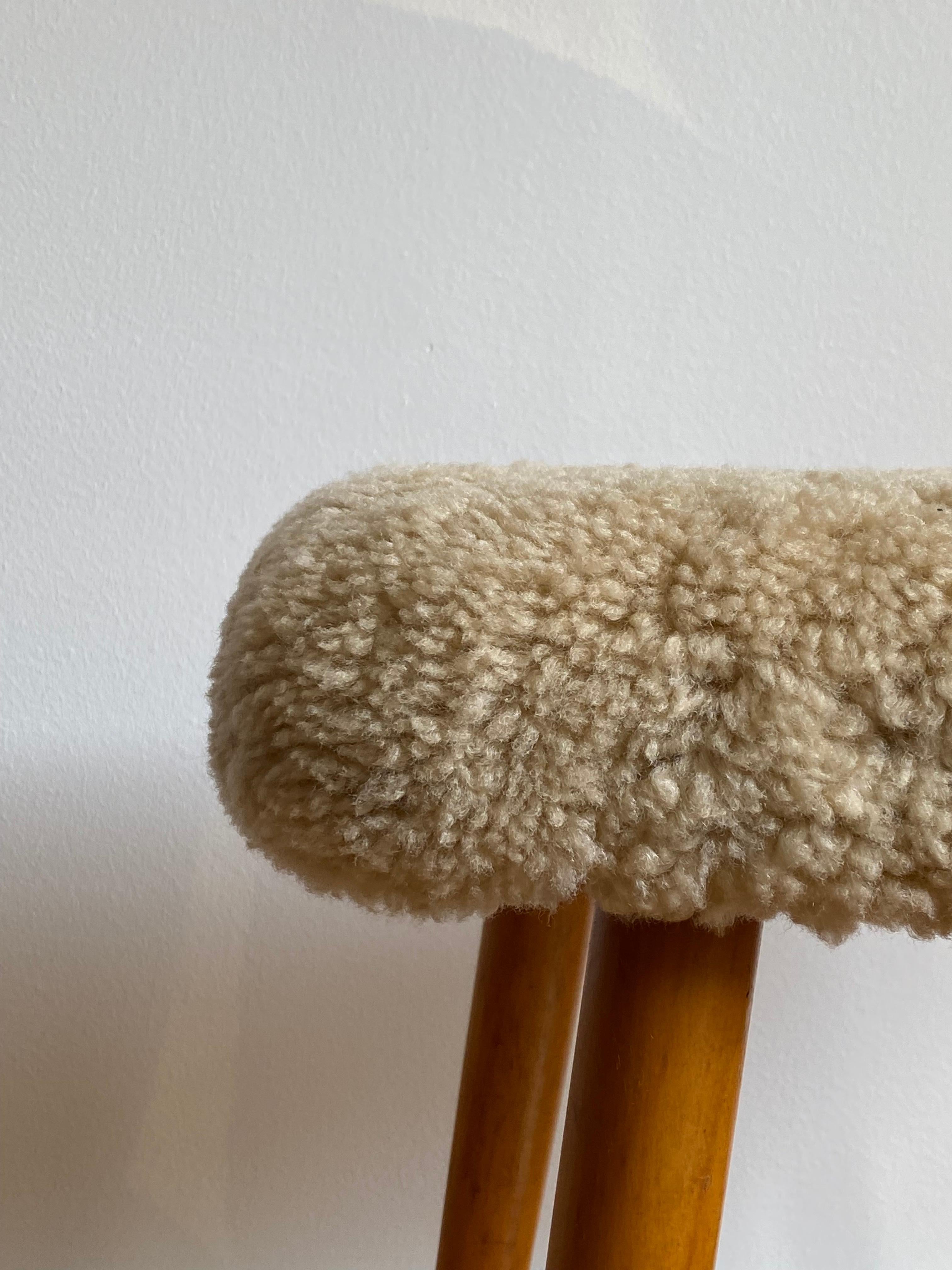 Swedish Designer, Stool, Stained Wood, Sheepskin, Sweden, 1950s In Good Condition In High Point, NC