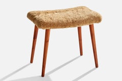 Swedish Designer, Stool, Teak, Shearling, Sweden, 1950s