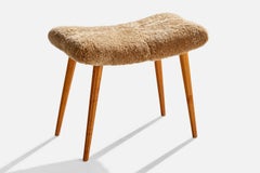 Swedish Designer, Stool, Teak, Shearling, Sweden, 1950s