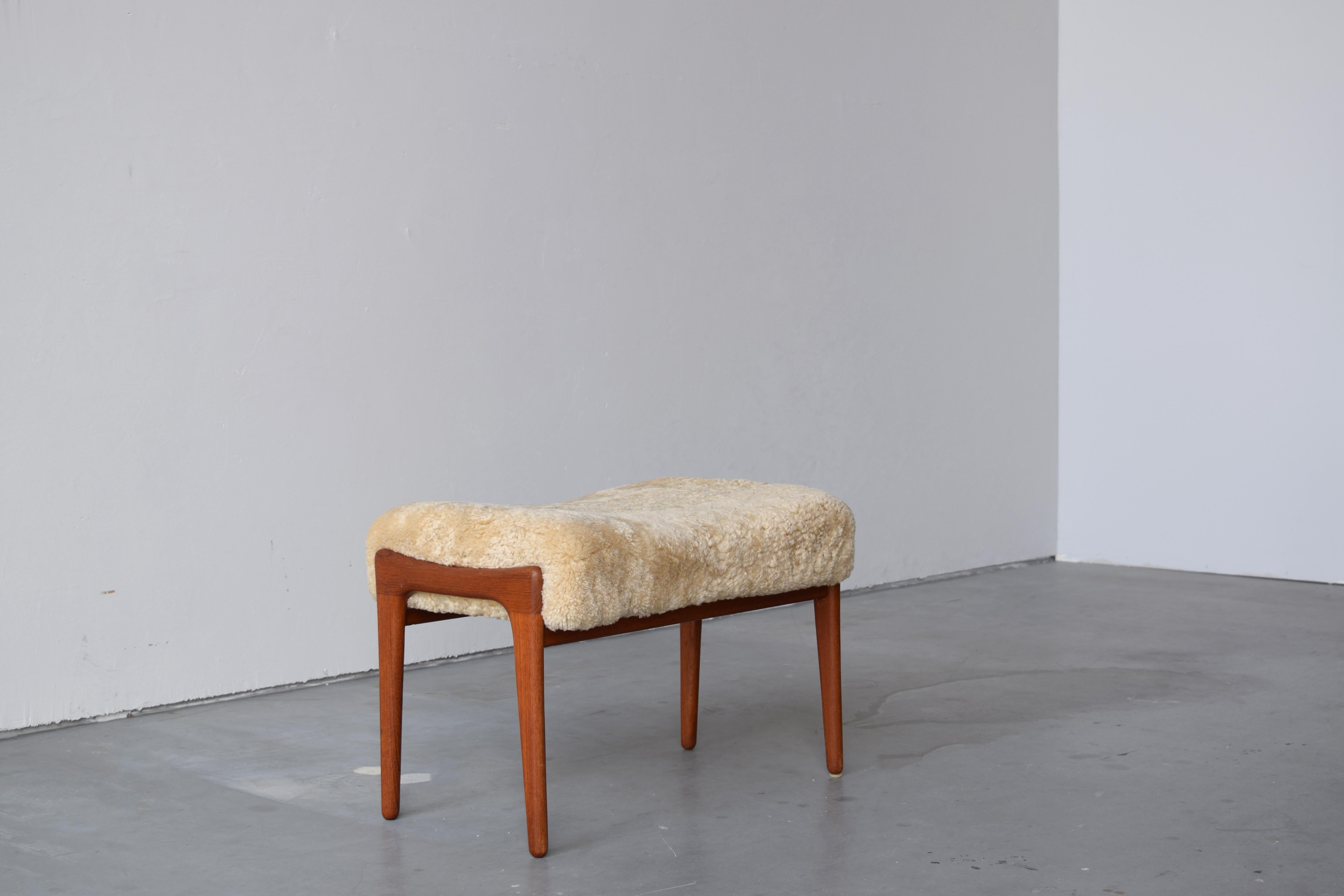 Mid-20th Century Swedish Designer, Stool, Teak, Sheepskin, Sweden, 1950s