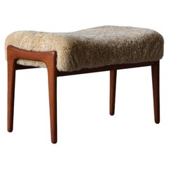 Swedish Designer, Stool, Teak, Sheepskin, Sweden, 1950s