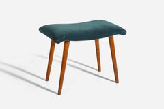 Swedish Designer, Stool, Wood, Blue Velvet, Sweden, 1950s