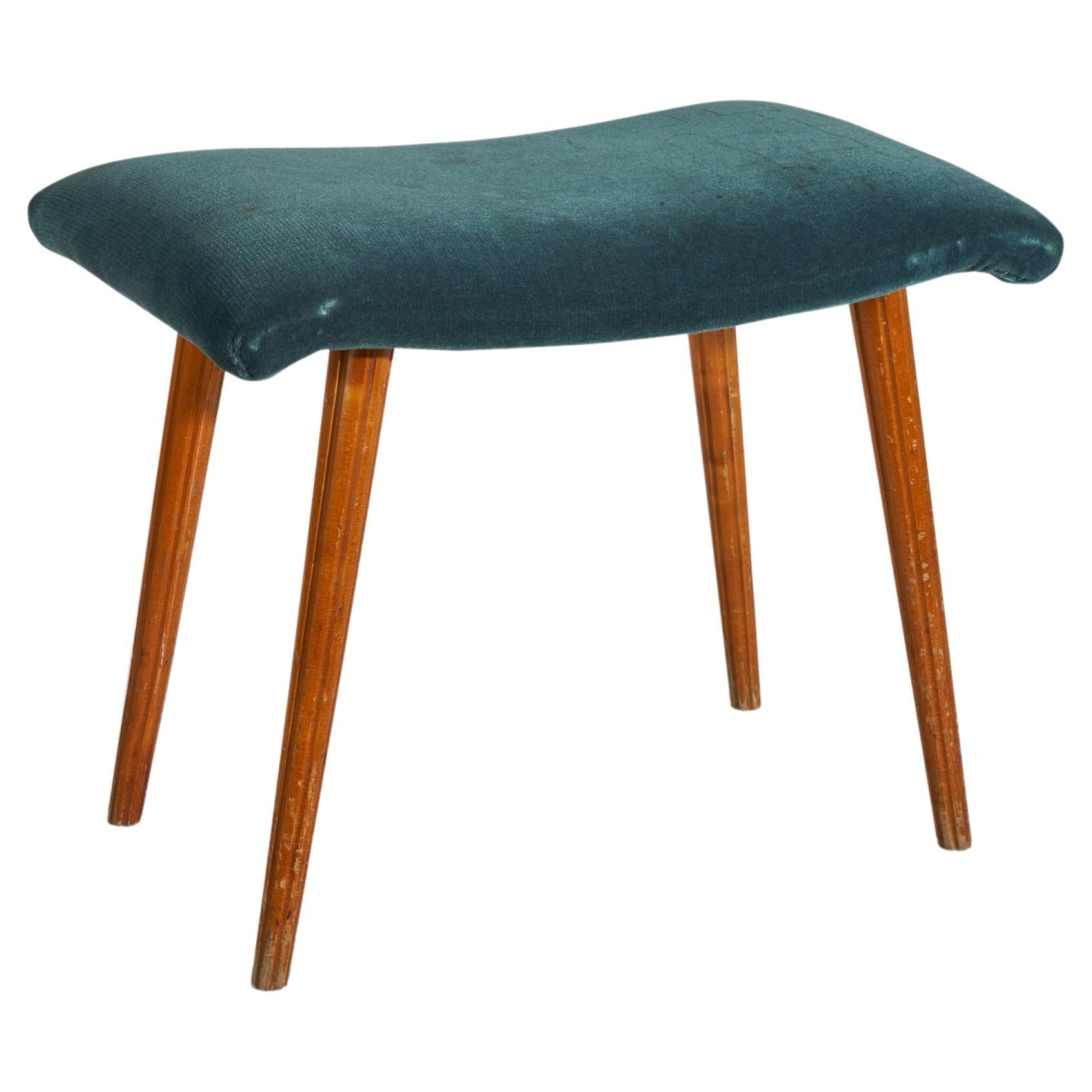 Swedish Designer, Stool, Wood, Blue Velvet, Sweden, 1950s