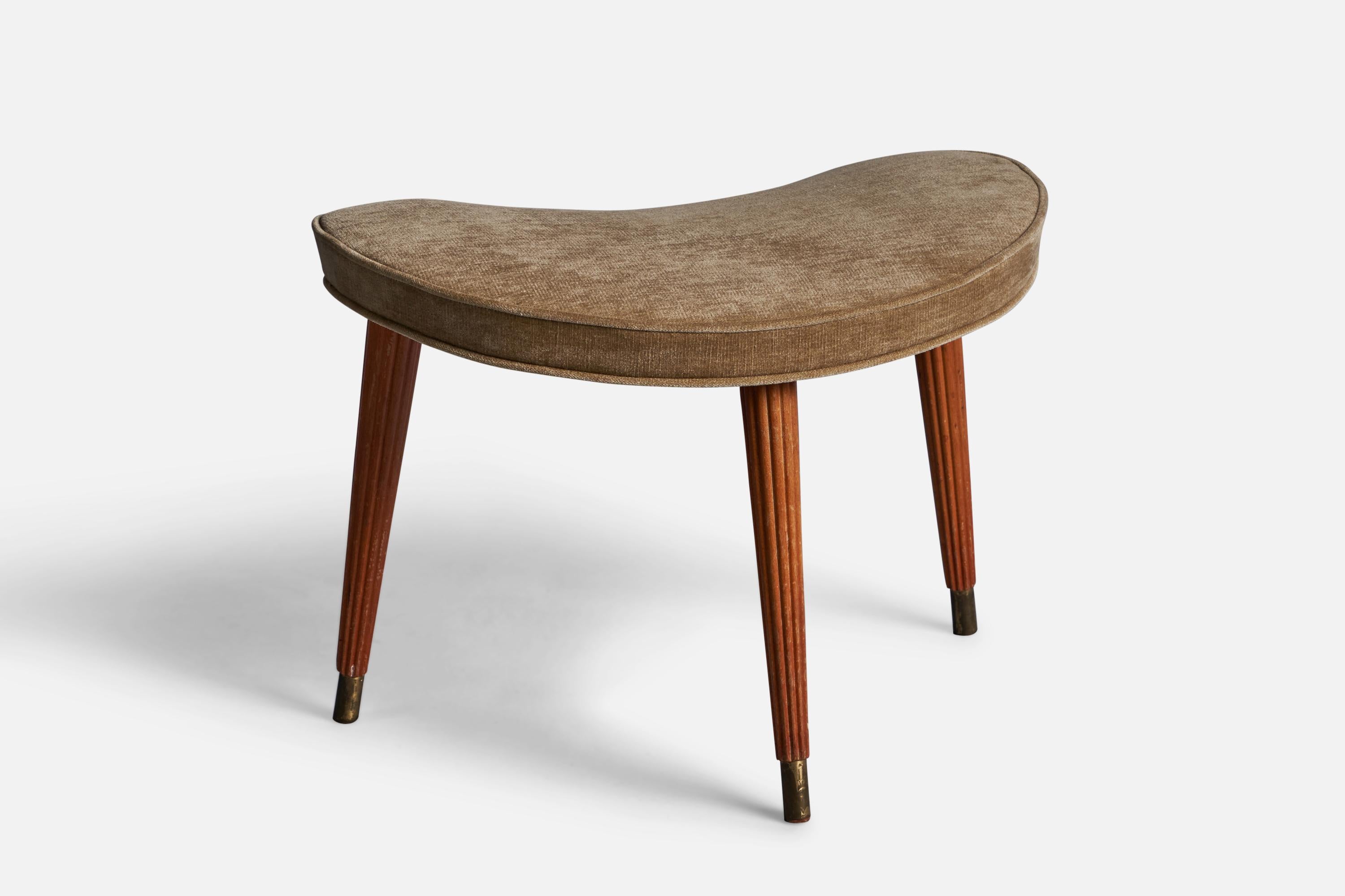 An organic wood, velvet and brass stool, designed and produced in Sweden, 1940s.