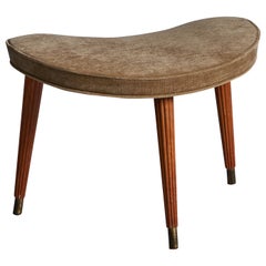 Vintage Swedish Designer, Stool, Wood, Brass, Velvet, Sweden, 1940s