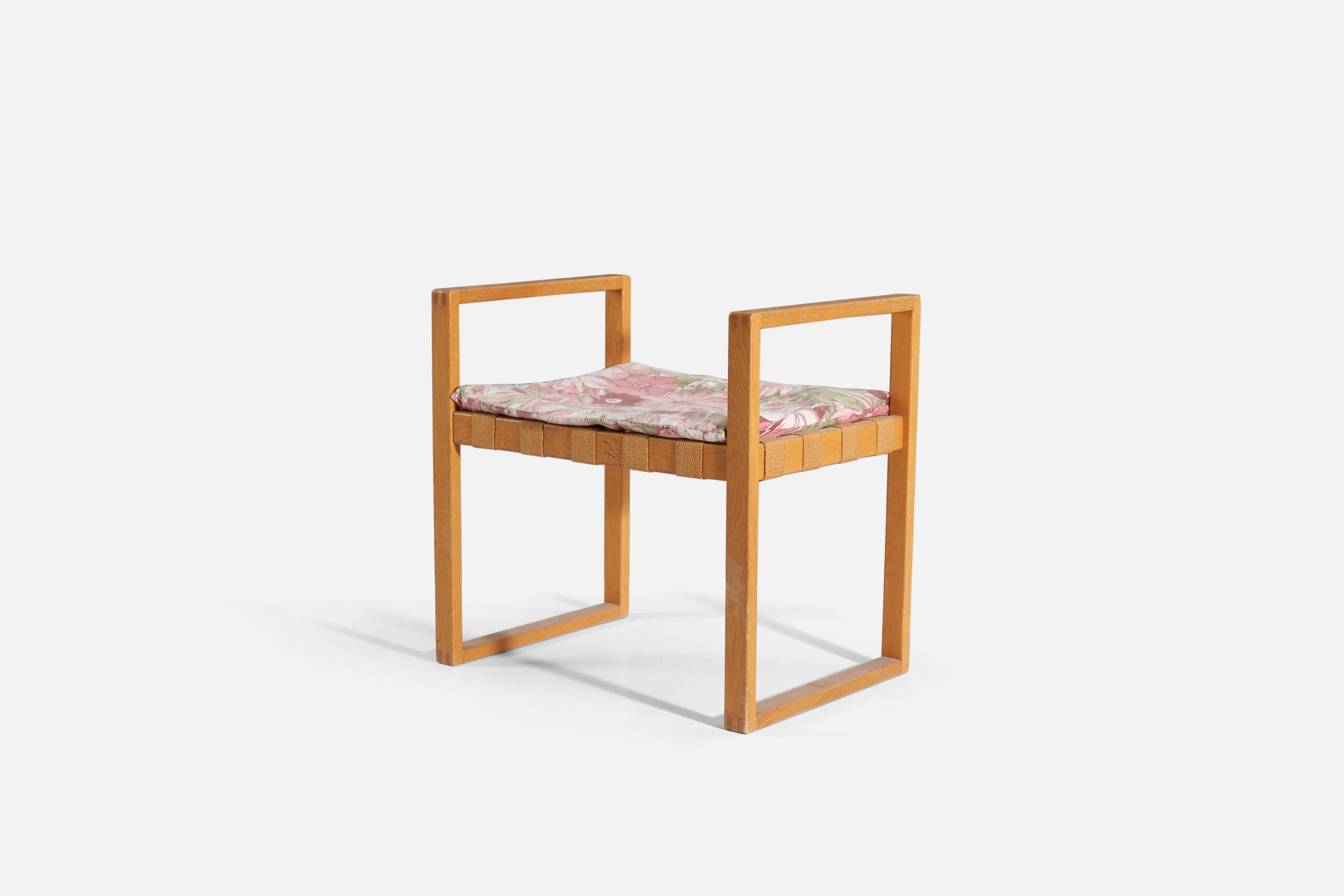 A wood, fabric, and webbing stool, produced by a Swedish designer, Sweden, c. 1960s.