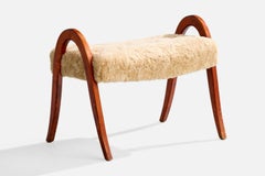 Swedish Designer, Stool, Wood, Shearling, Sweden, 1940s