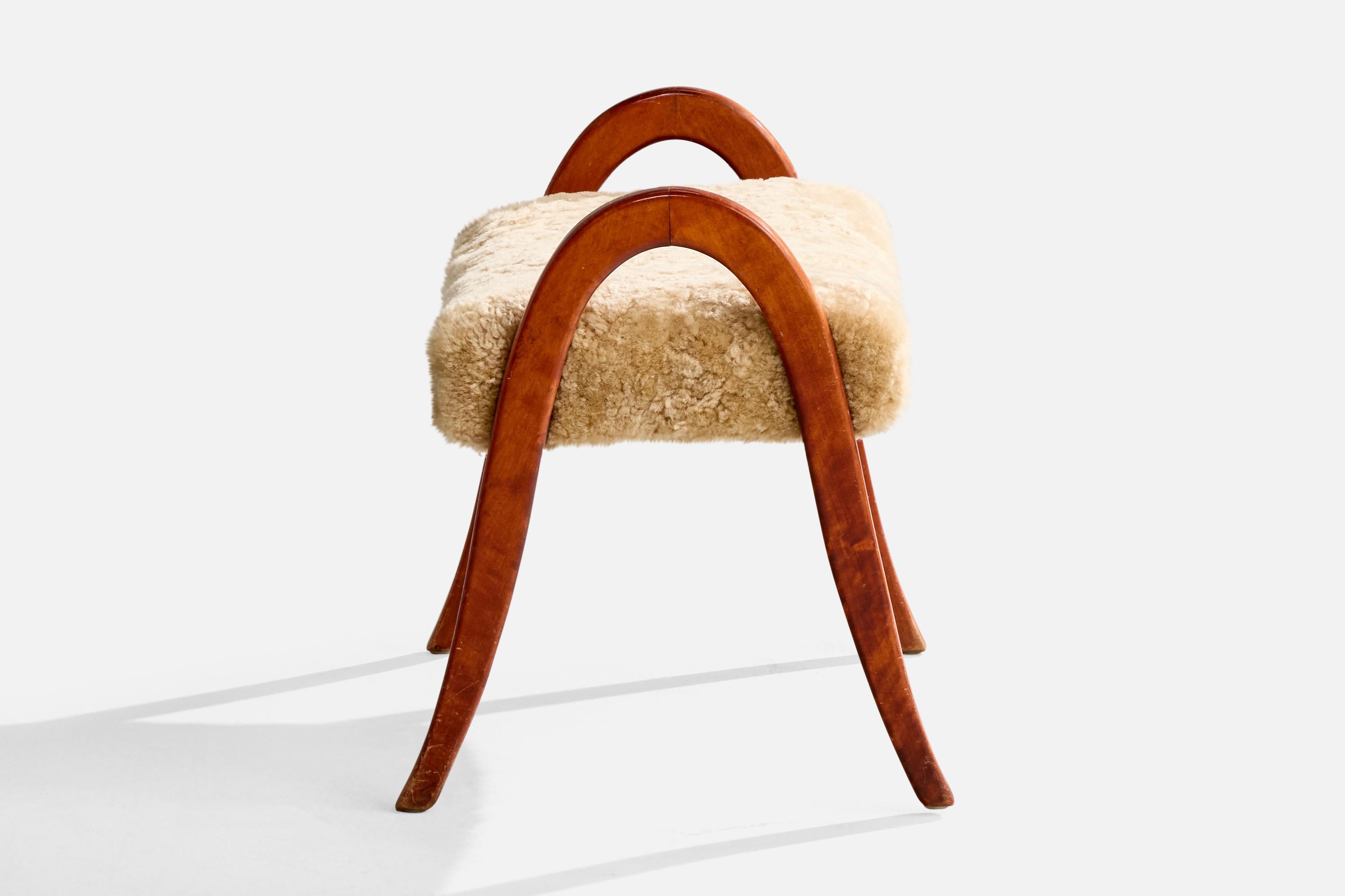 Scandinavian Modern Swedish Designer, Stool, Wood, Shearling, Sweden, 1940s For Sale
