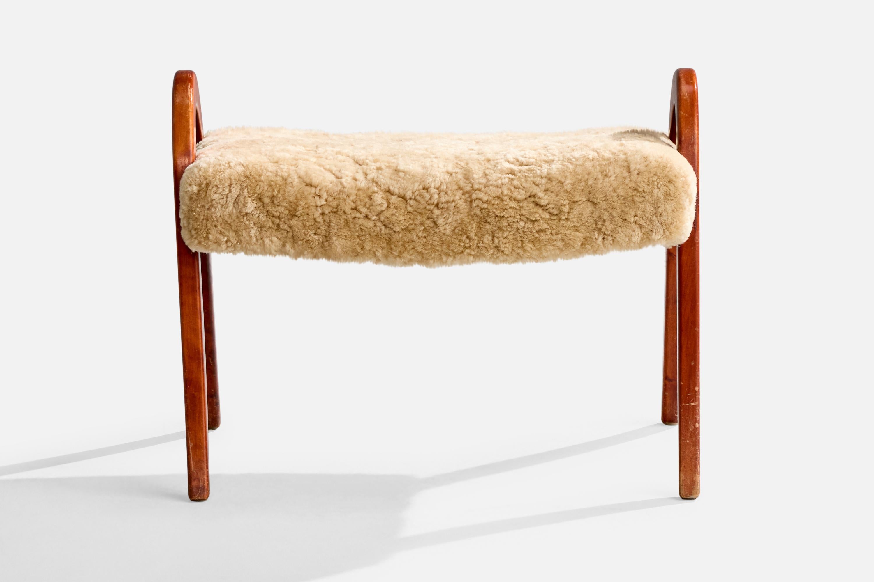 Swedish Designer, Stool, Wood, Shearling, Sweden, 1940s In Good Condition For Sale In High Point, NC