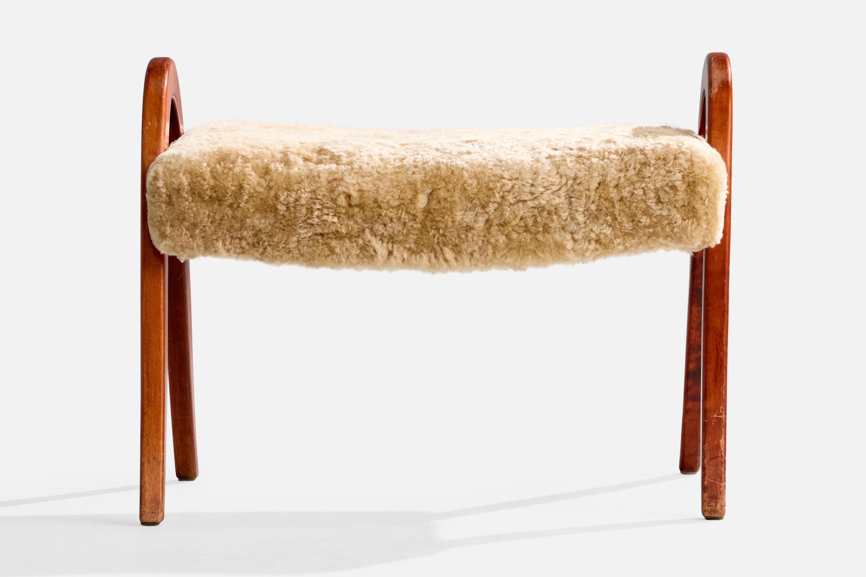 Mid-20th Century Swedish Designer, Stool, Wood, Shearling, Sweden, 1940s For Sale