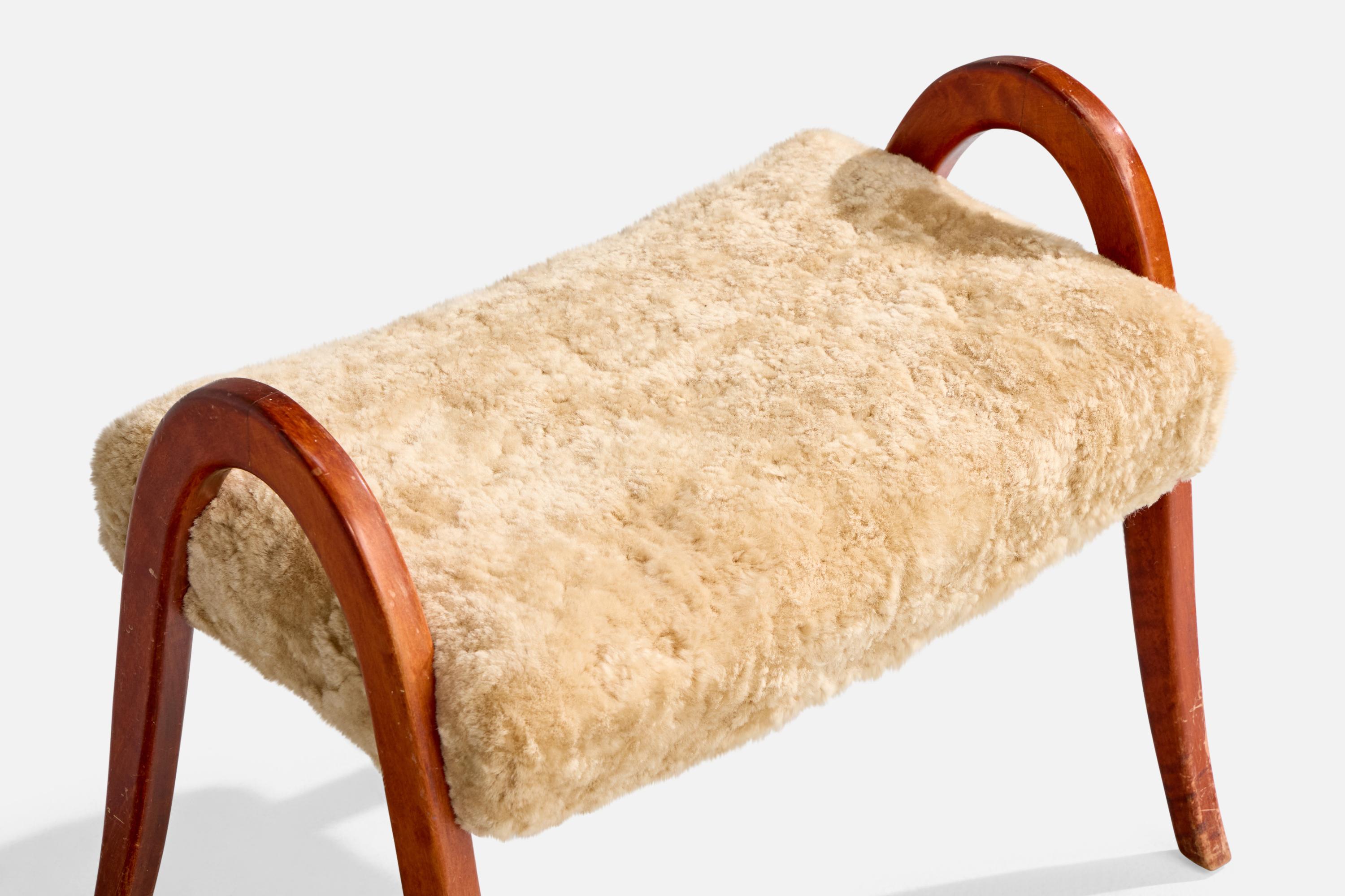 Sheepskin Swedish Designer, Stool, Wood, Shearling, Sweden, 1940s For Sale