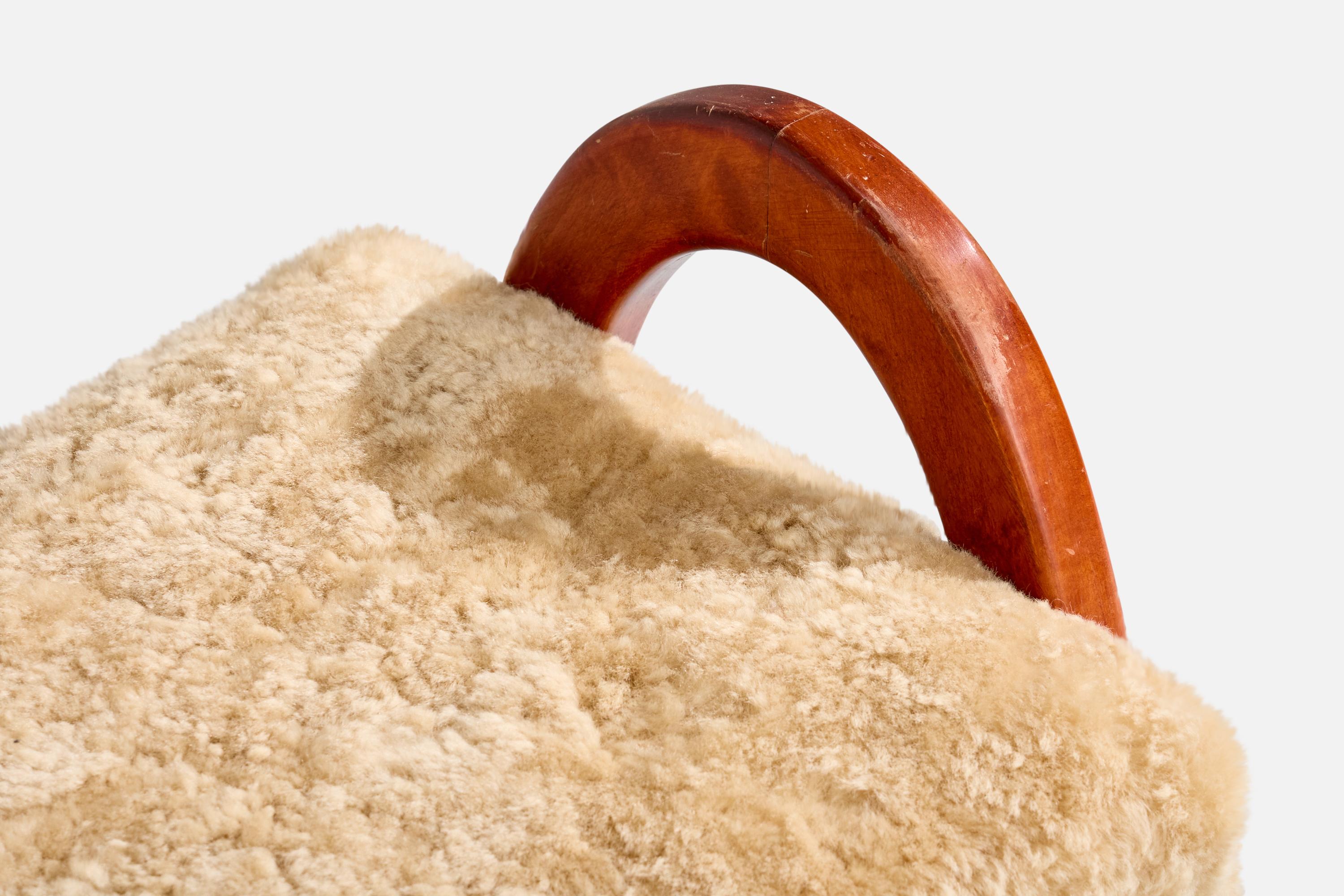 Swedish Designer, Stool, Wood, Shearling, Sweden, 1940s For Sale 1