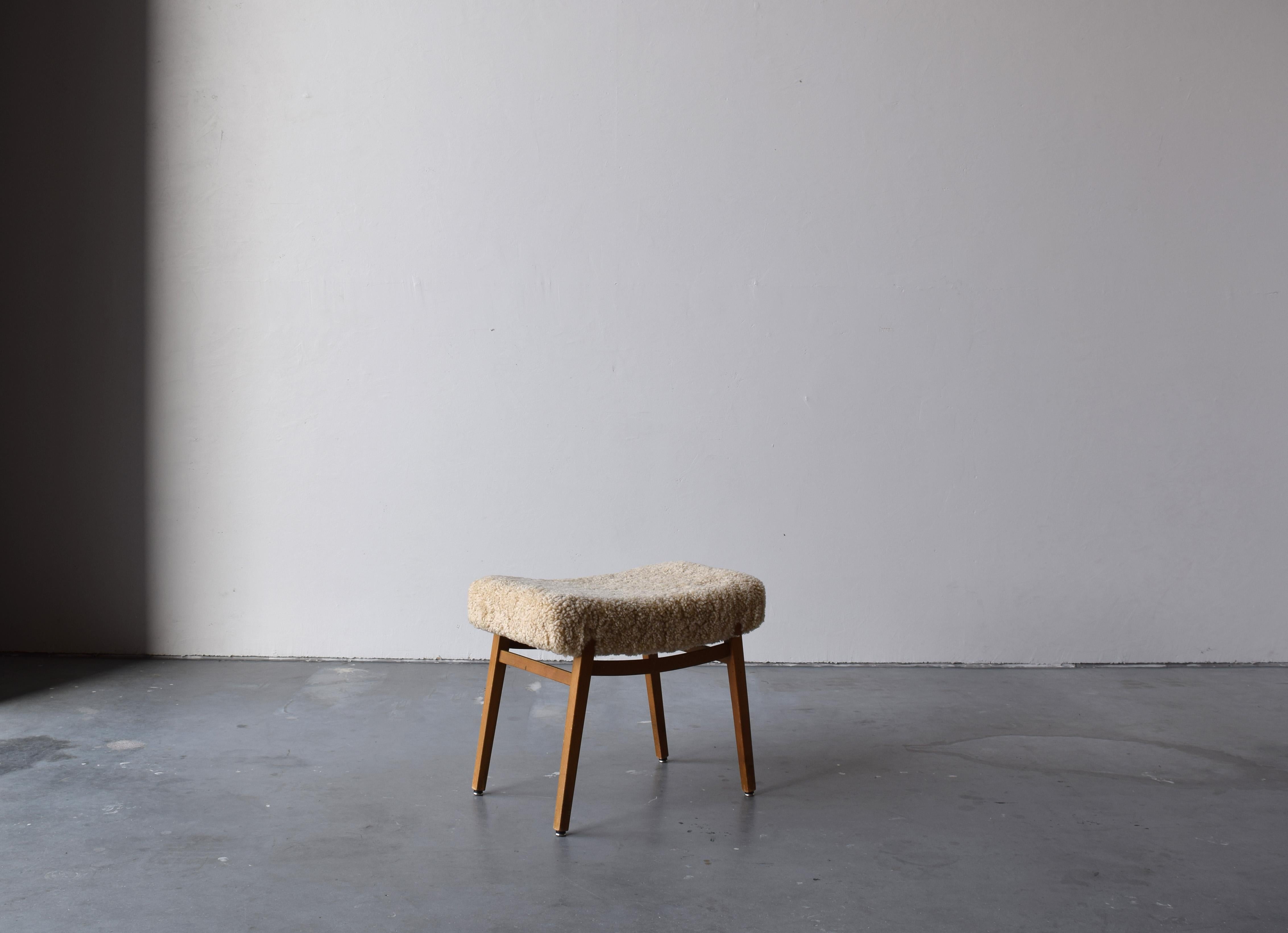 Swedish Designer, Stool, Wood, Sheepskin, Sweden, 1950s In Good Condition In High Point, NC