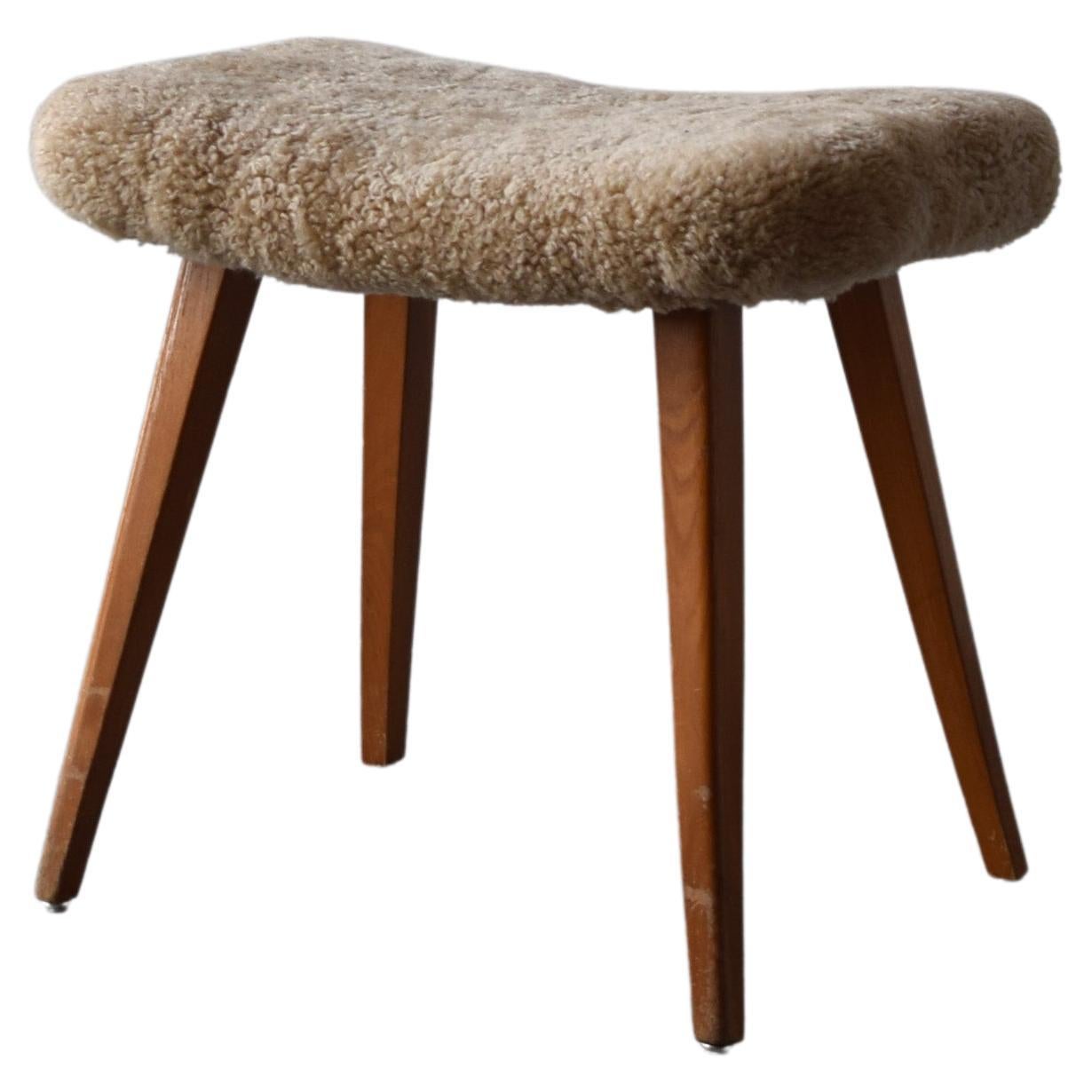 Swedish Designer, Stool, Wood, Sheepskin, Sweden, 1950s