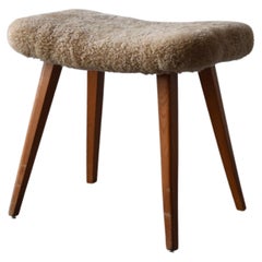 Swedish Designer, Stool, Wood, Sheepskin, Sweden, 1950s