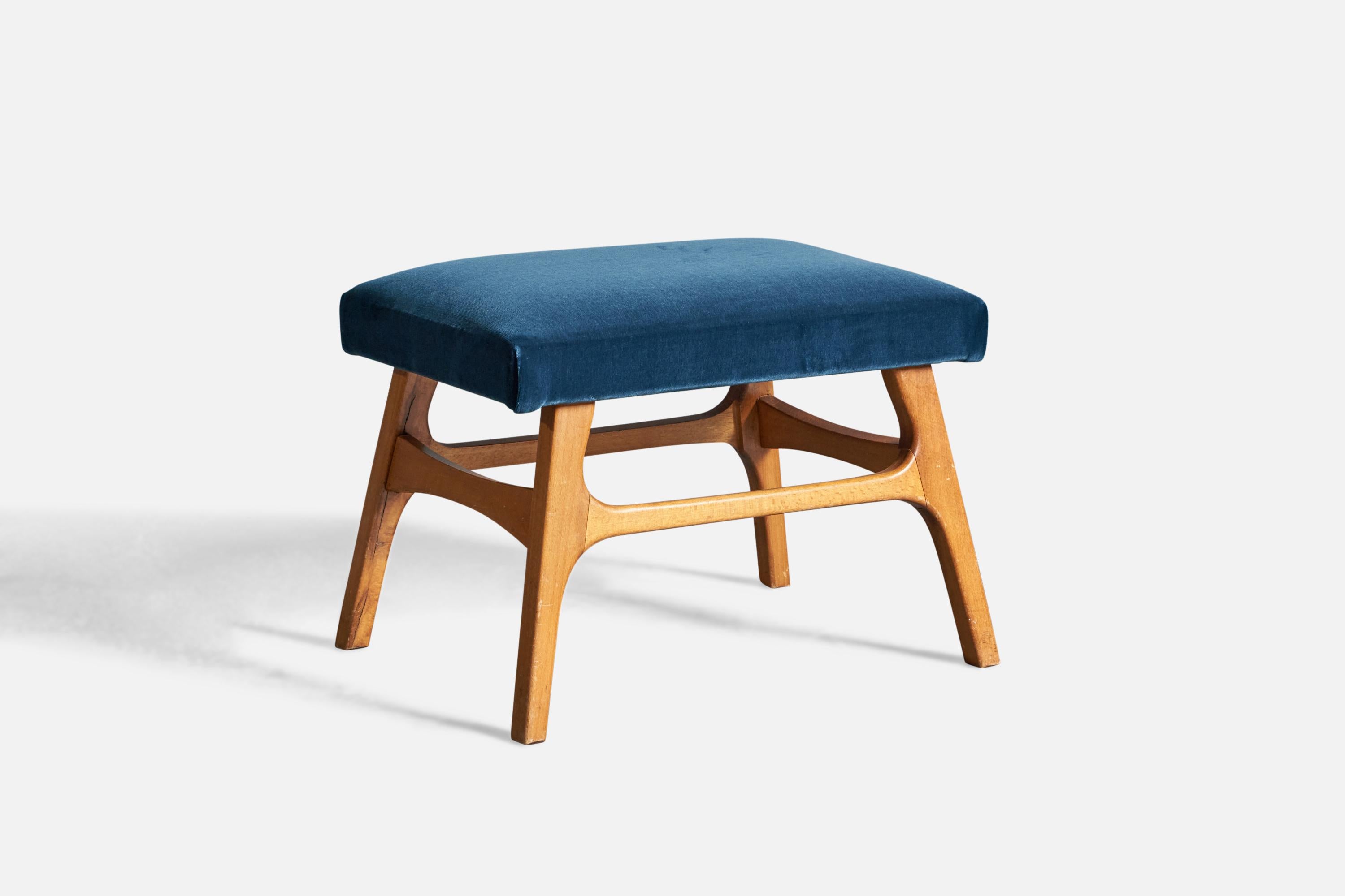 A wood and blue fabric stool, designed and produced in Sweden, 1950s
