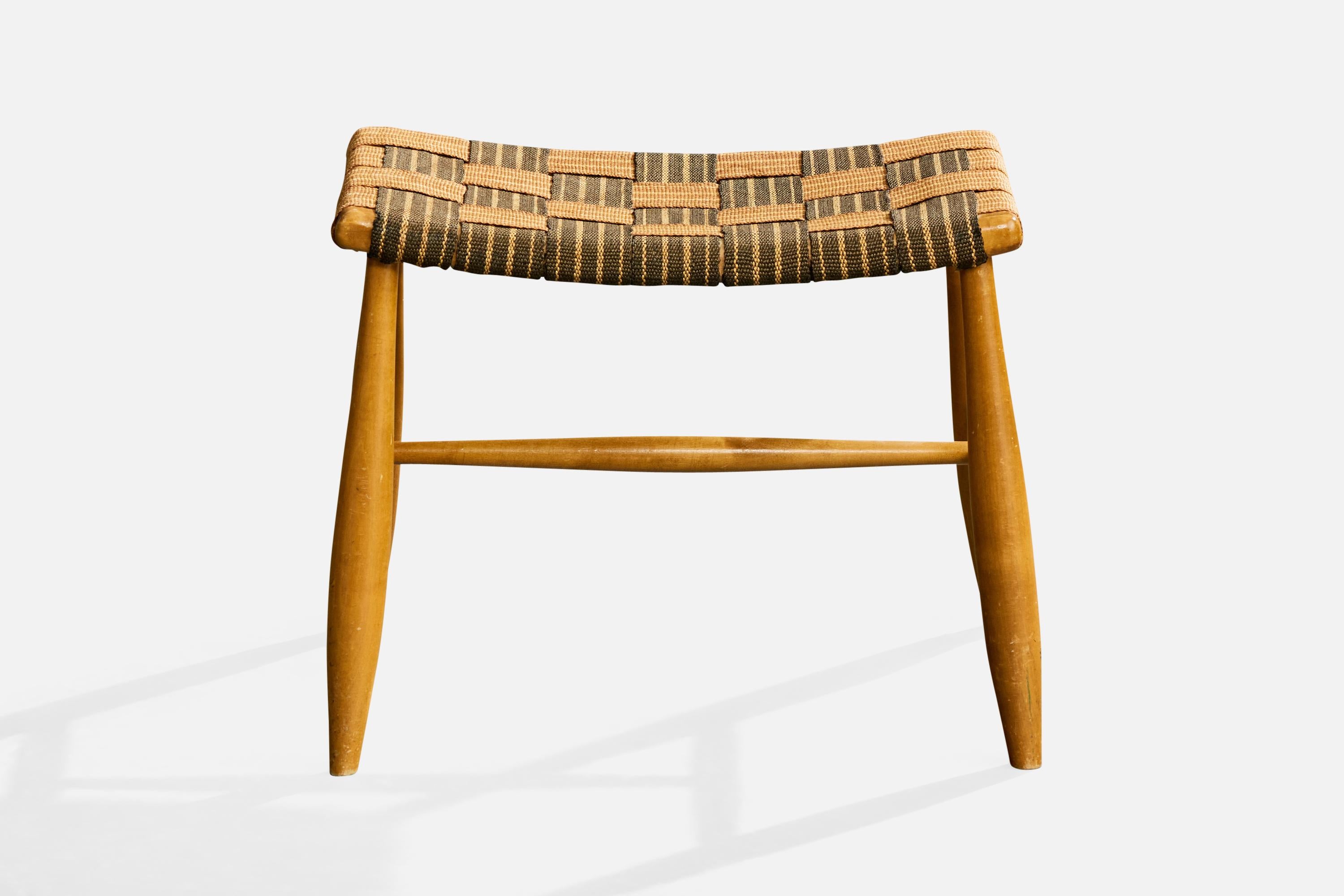 Schwedischer Designer, Hocker, Holz, Gurtband, Schweden, 1940er Jahre (Skandinavische Moderne) im Angebot