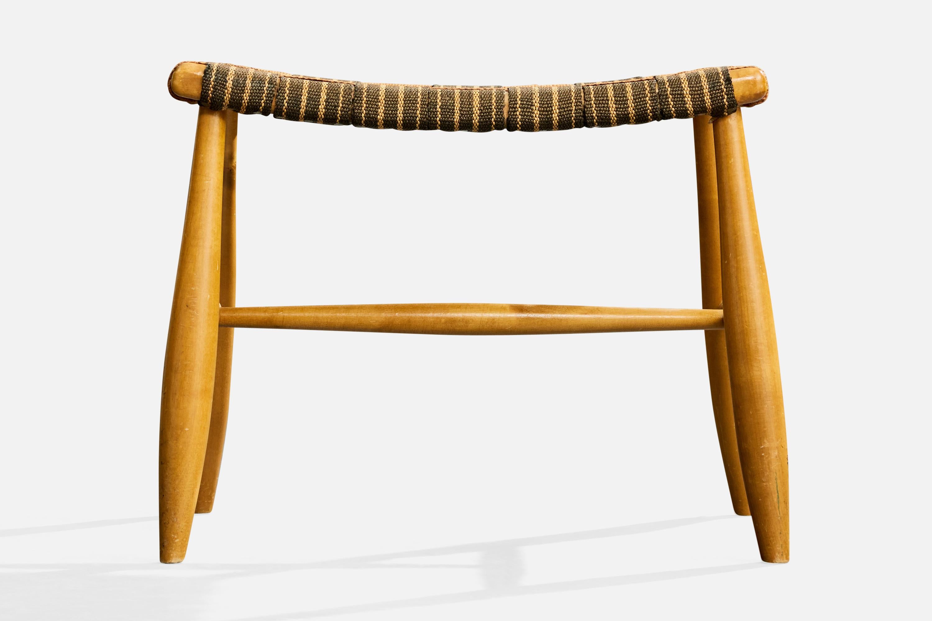 Schwedischer Designer, Hocker, Holz, Gurtband, Schweden, 1940er Jahre im Zustand „Relativ gut“ im Angebot in High Point, NC