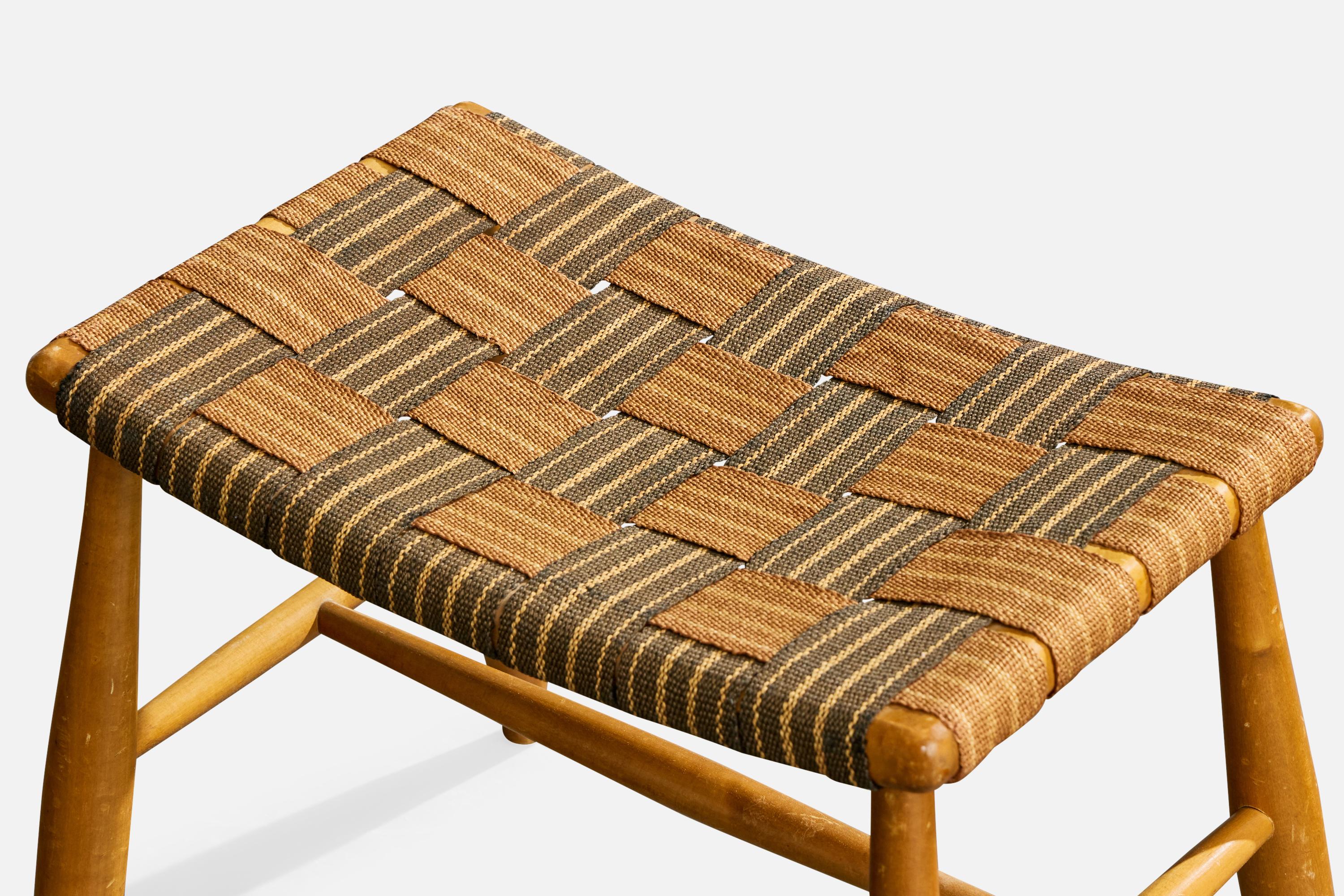 Schwedischer Designer, Hocker, Holz, Gurtband, Schweden, 1940er Jahre (Mitte des 20. Jahrhunderts) im Angebot