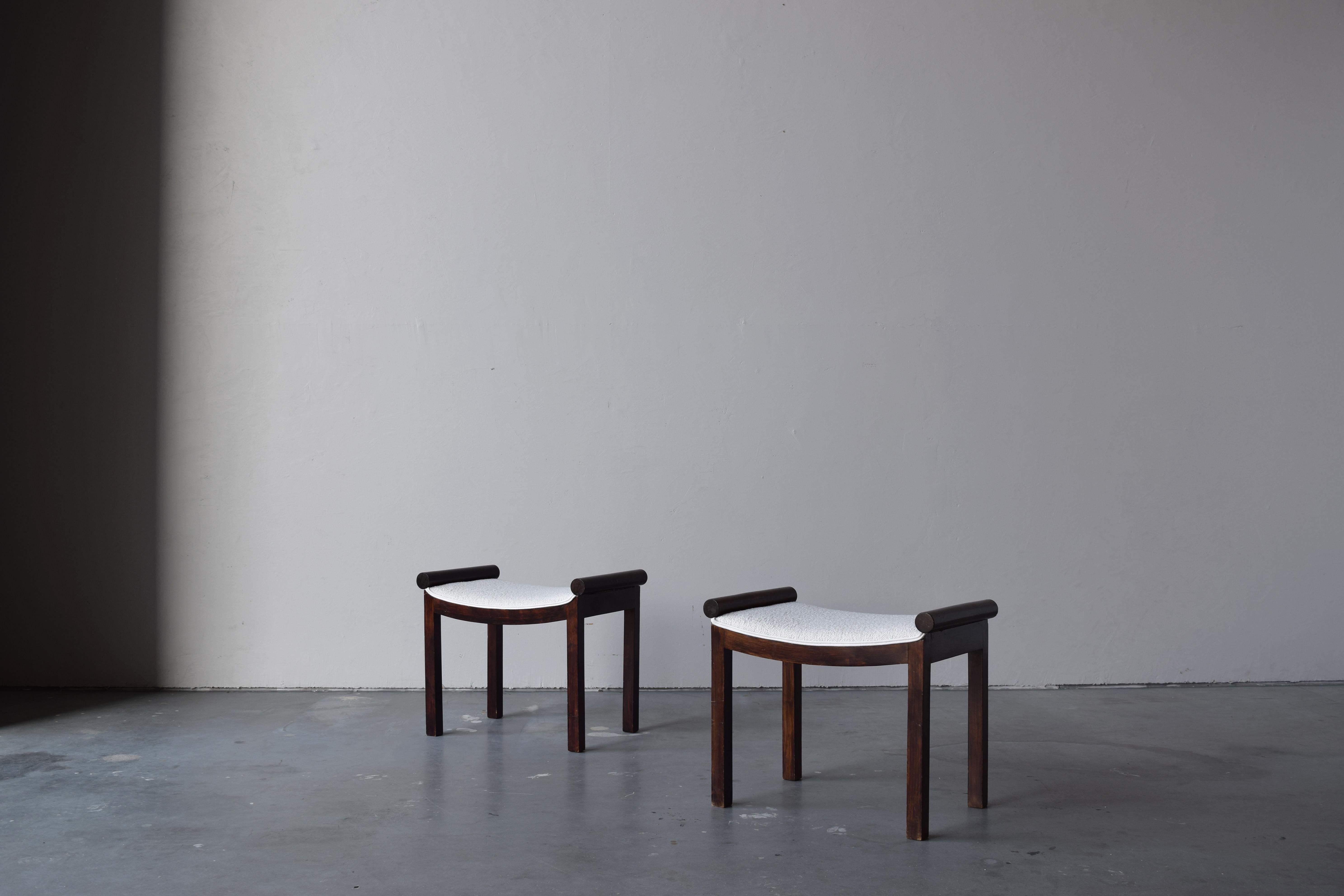 A pair of stools, designed and produced in Sweden, 1960s. In dark stained birch. Seats reupholstered in brand new white bouclé.

Other designers of the 20th century working in pine include Charlotte Perriand, Lisa-Johansson Pape, Pierre Chapo, and
