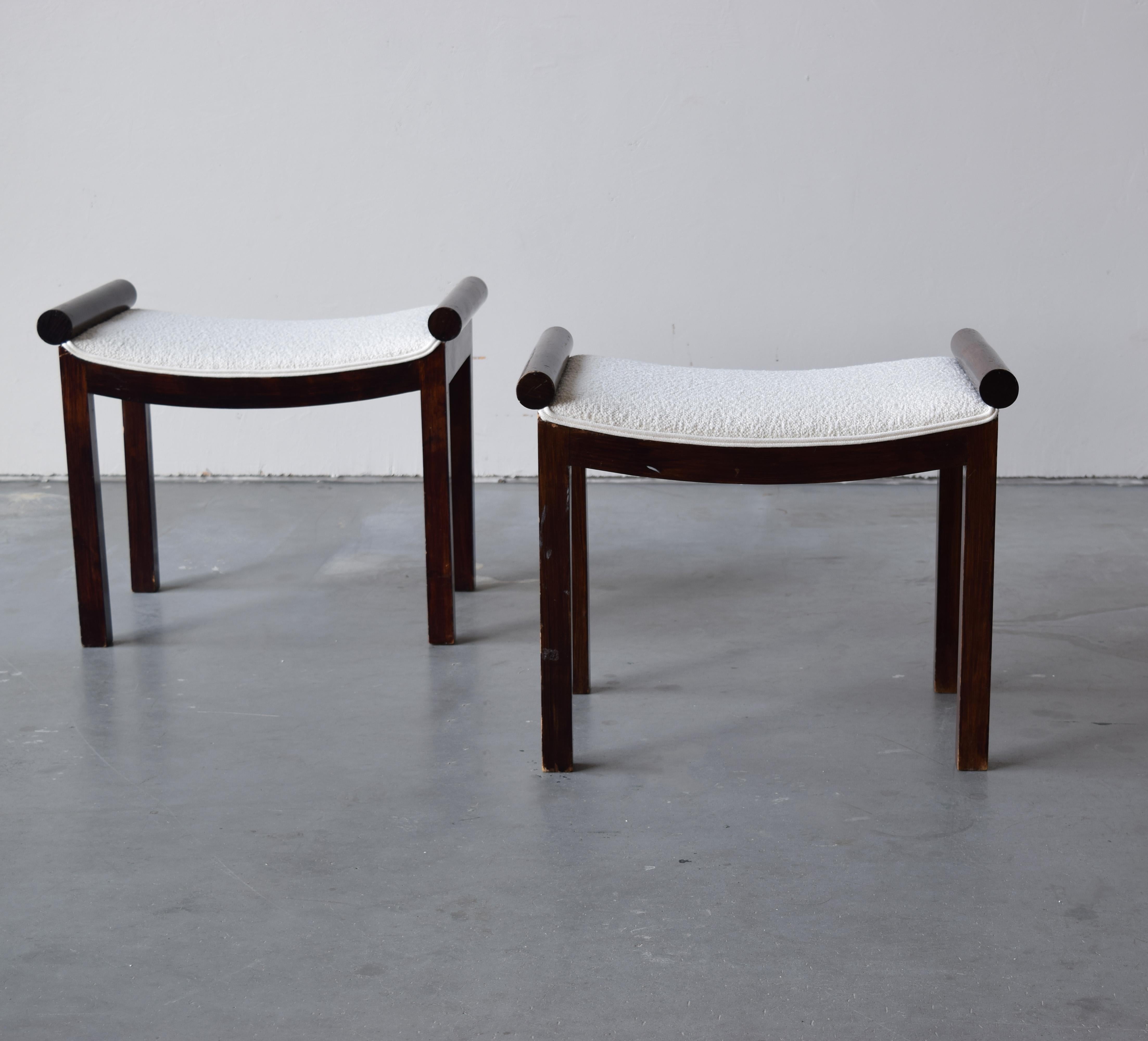 Mid-Century Modern Swedish Designer, Stools, Dark Stained Birch, White Bouclé Sweden, 1940s