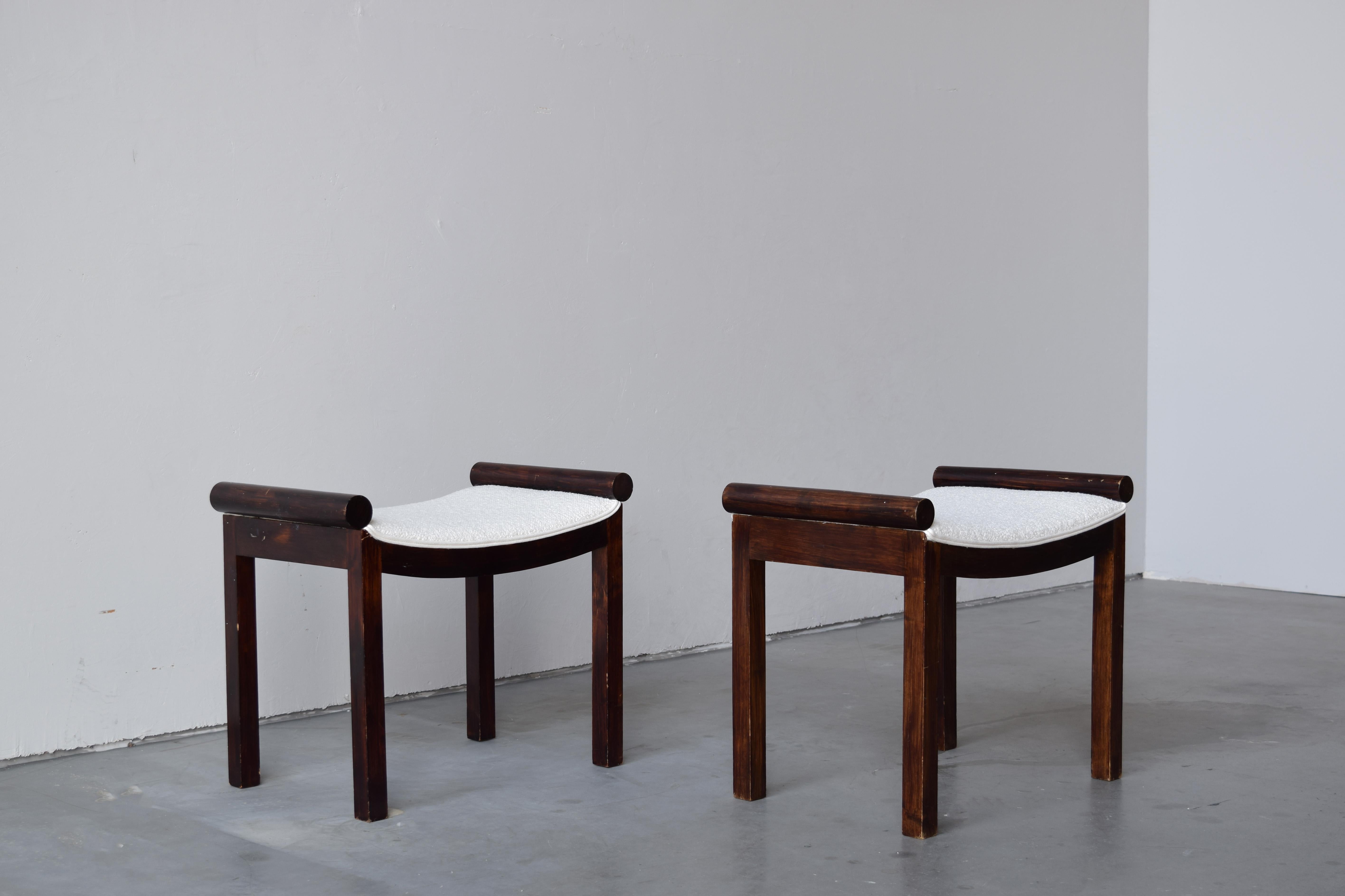Swedish Designer, Stools, Dark Stained Birch, White Bouclé Sweden, 1940s In Good Condition In High Point, NC