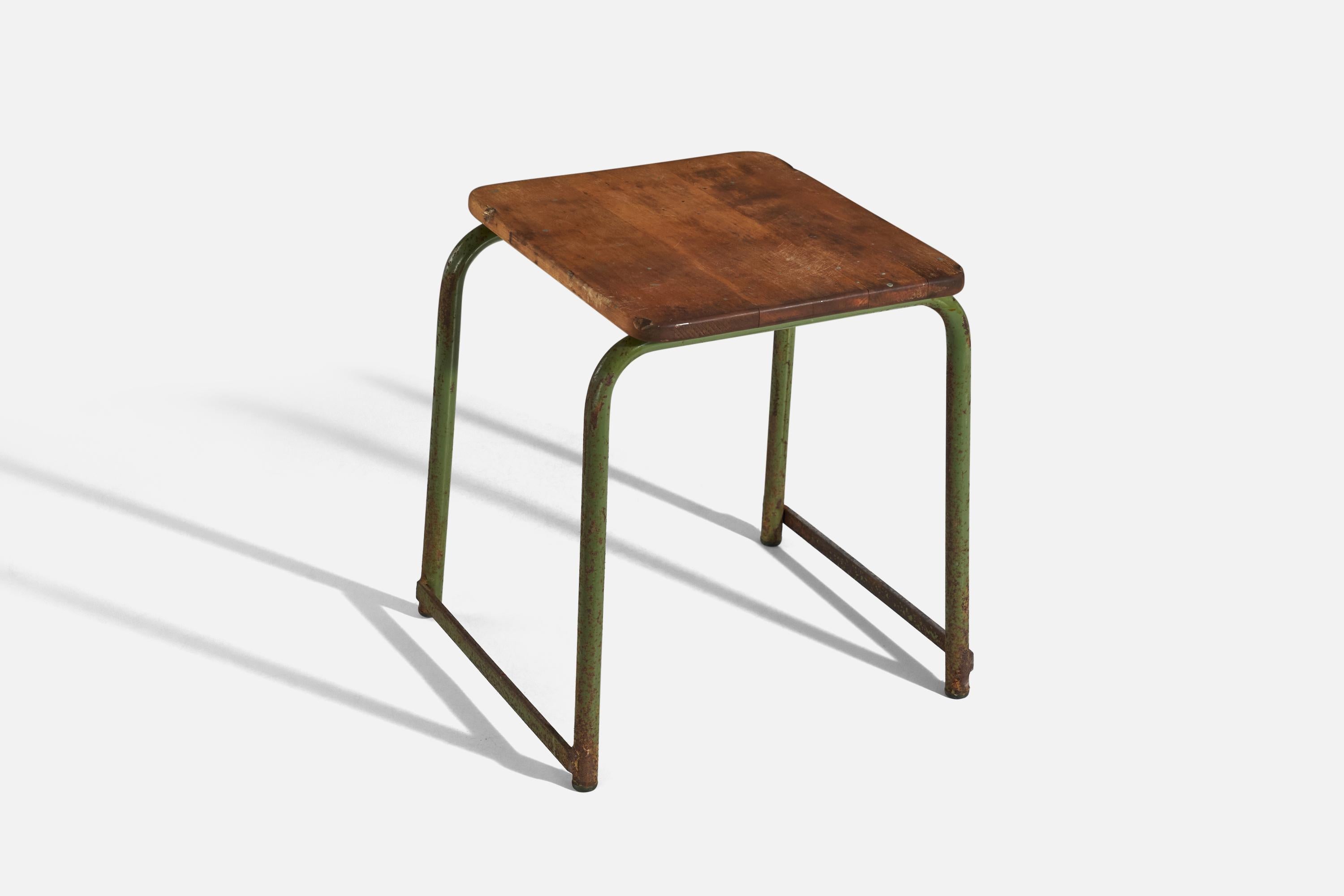 Scandinavian Modern Swedish Designer, Stools, Oak, Green Painted Metal, Sweden, 1940s